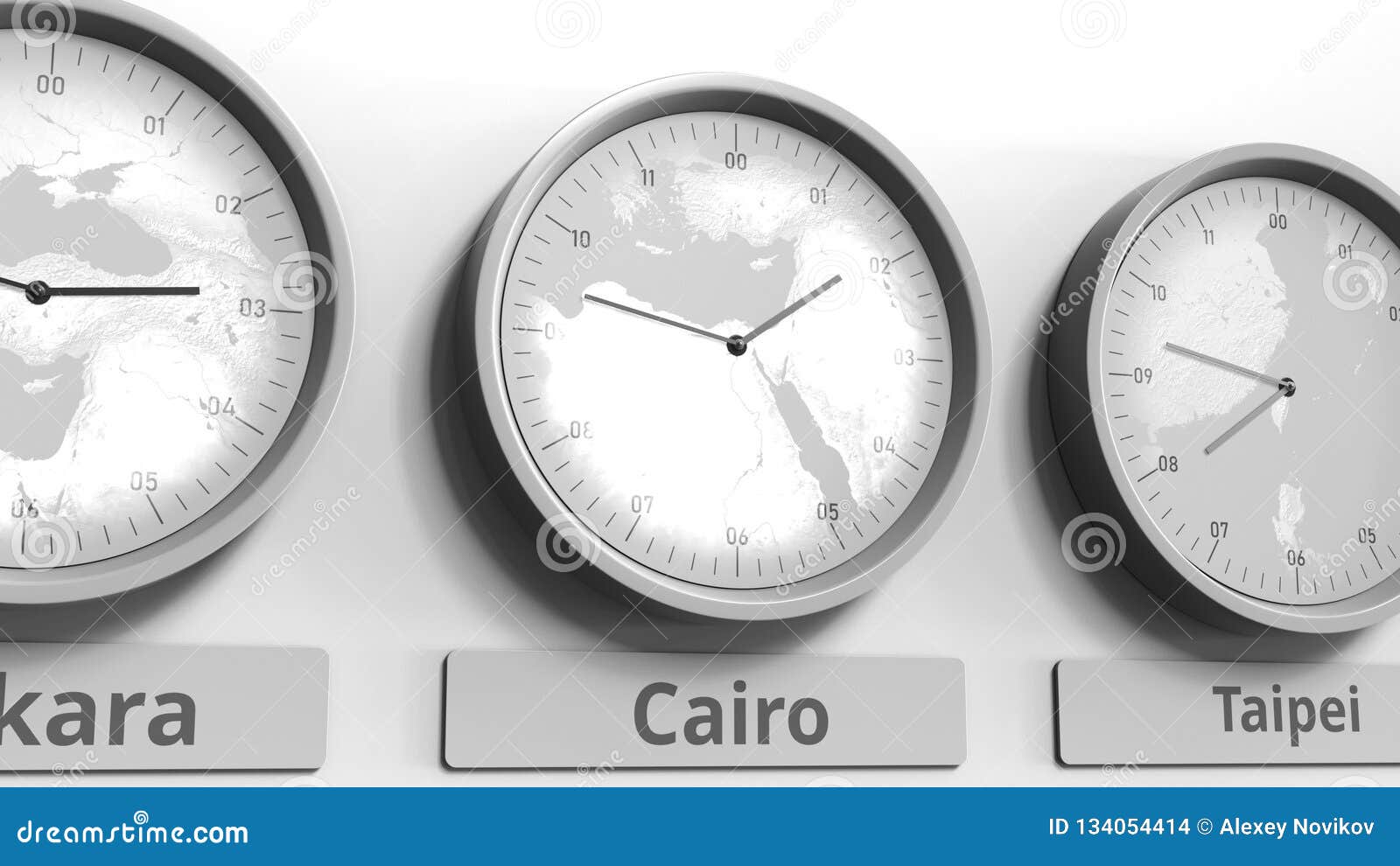 Clock Shows Cairo, Egypt Time among Different Timezones. Conceptual 3D Rendering Stock