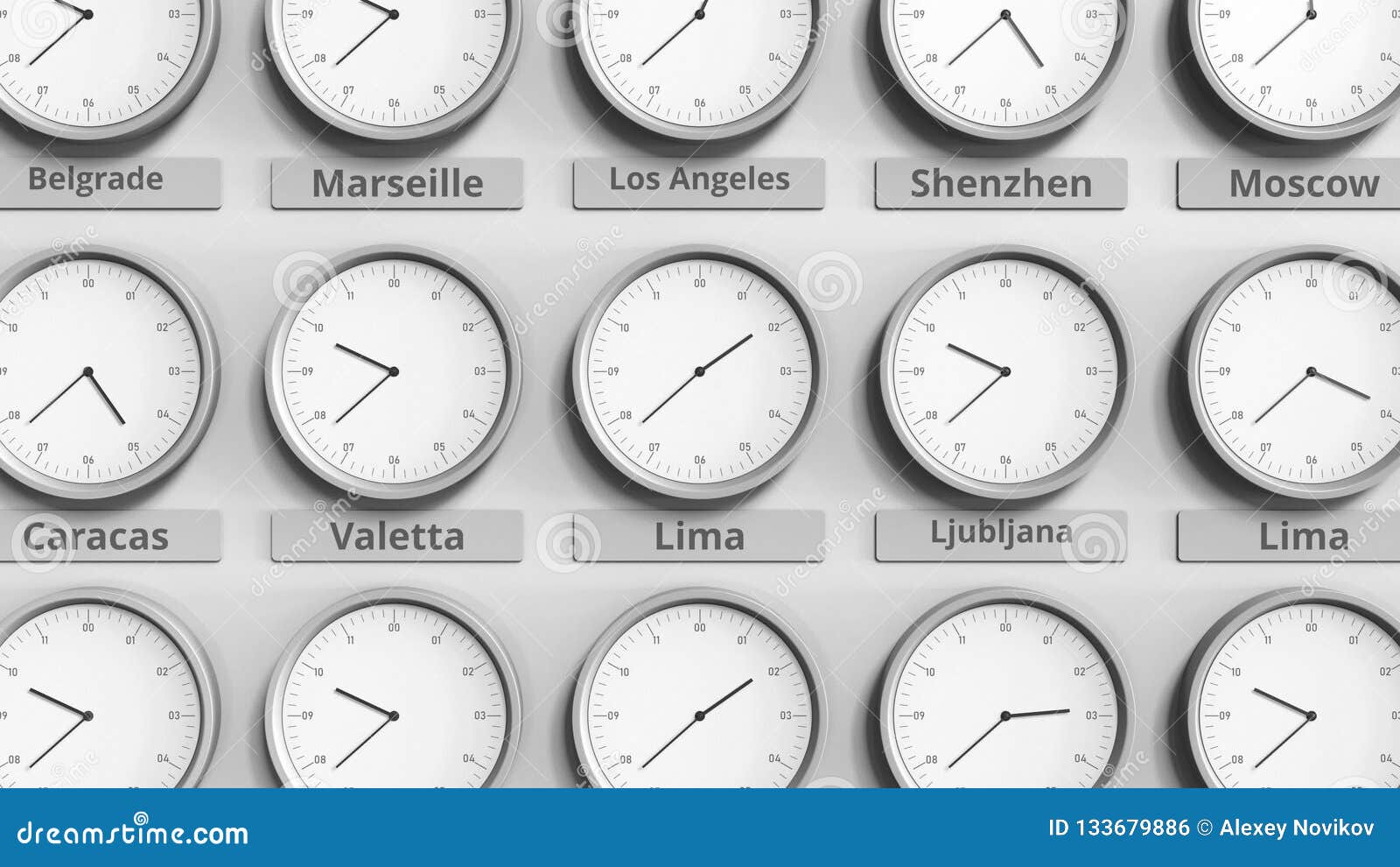 Clock Shows Lima, Peru Time among Different Timezones. 3D Animation