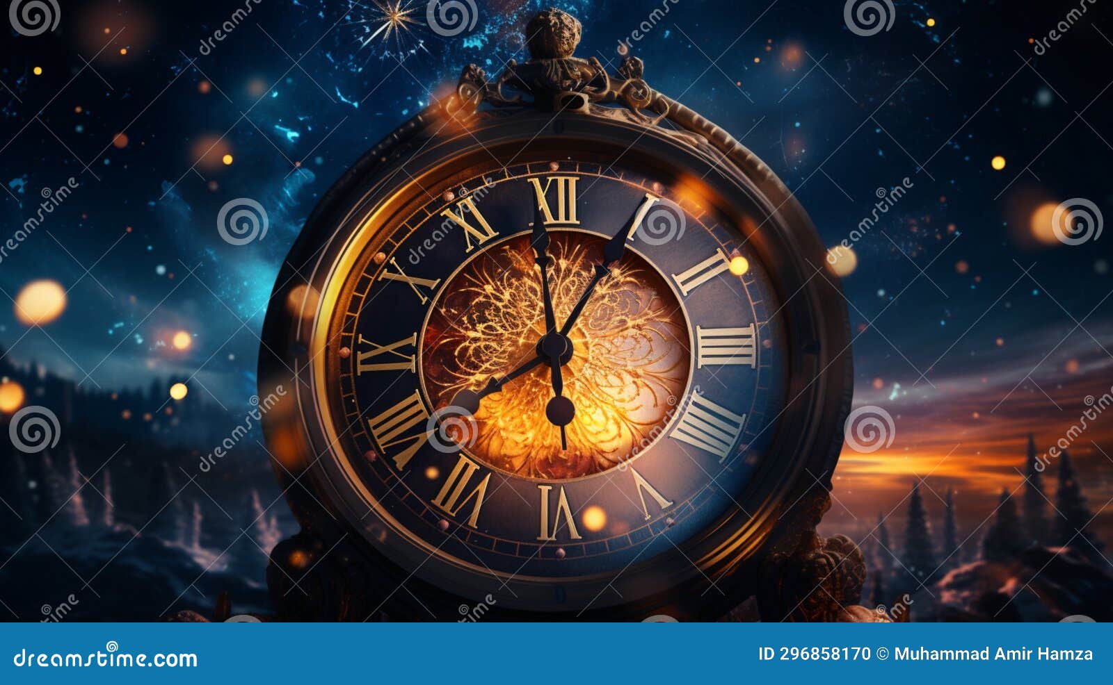 A Clock Striking Midnight with Fireworks Stock Illustration Illustration of city, light 296858170