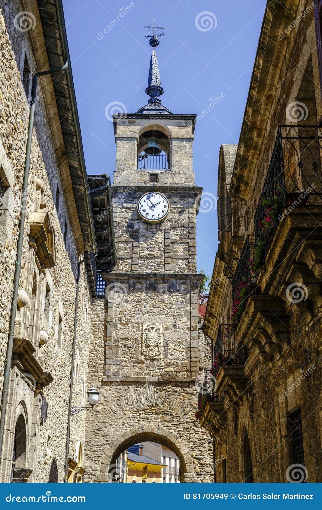 clock tower is located on the arco de la eras, ponferrada spain