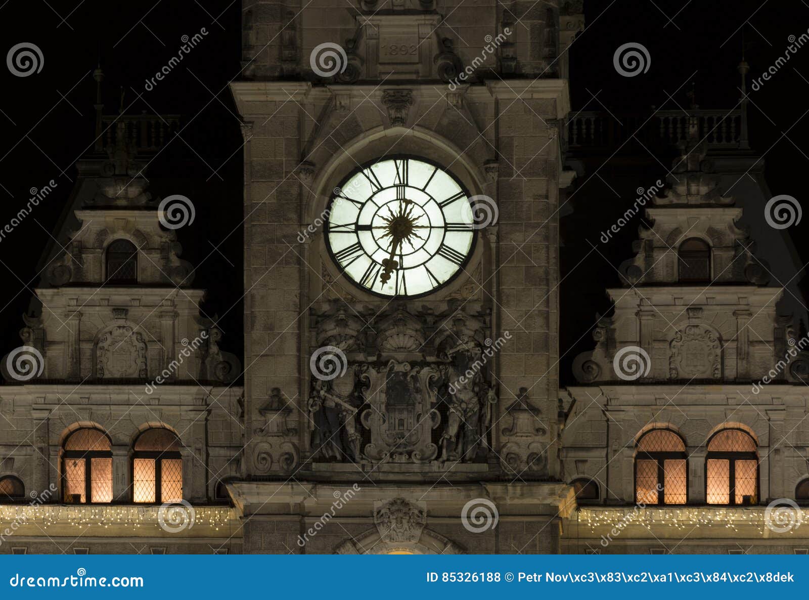 Clock on tower stock photo. Image of view, night, windows 85326188
