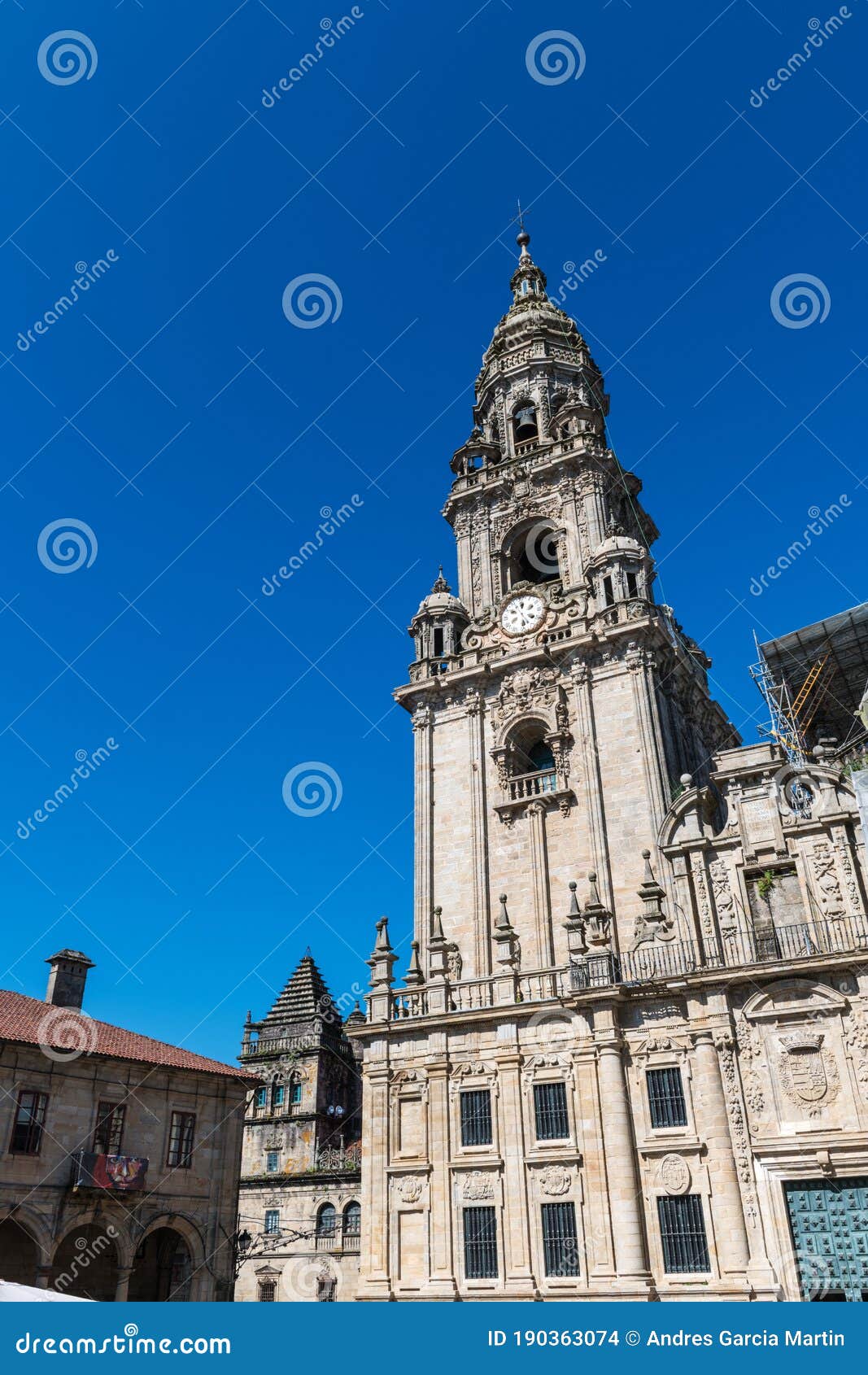 clock tower of the cathedral of st james in santiago de compostela