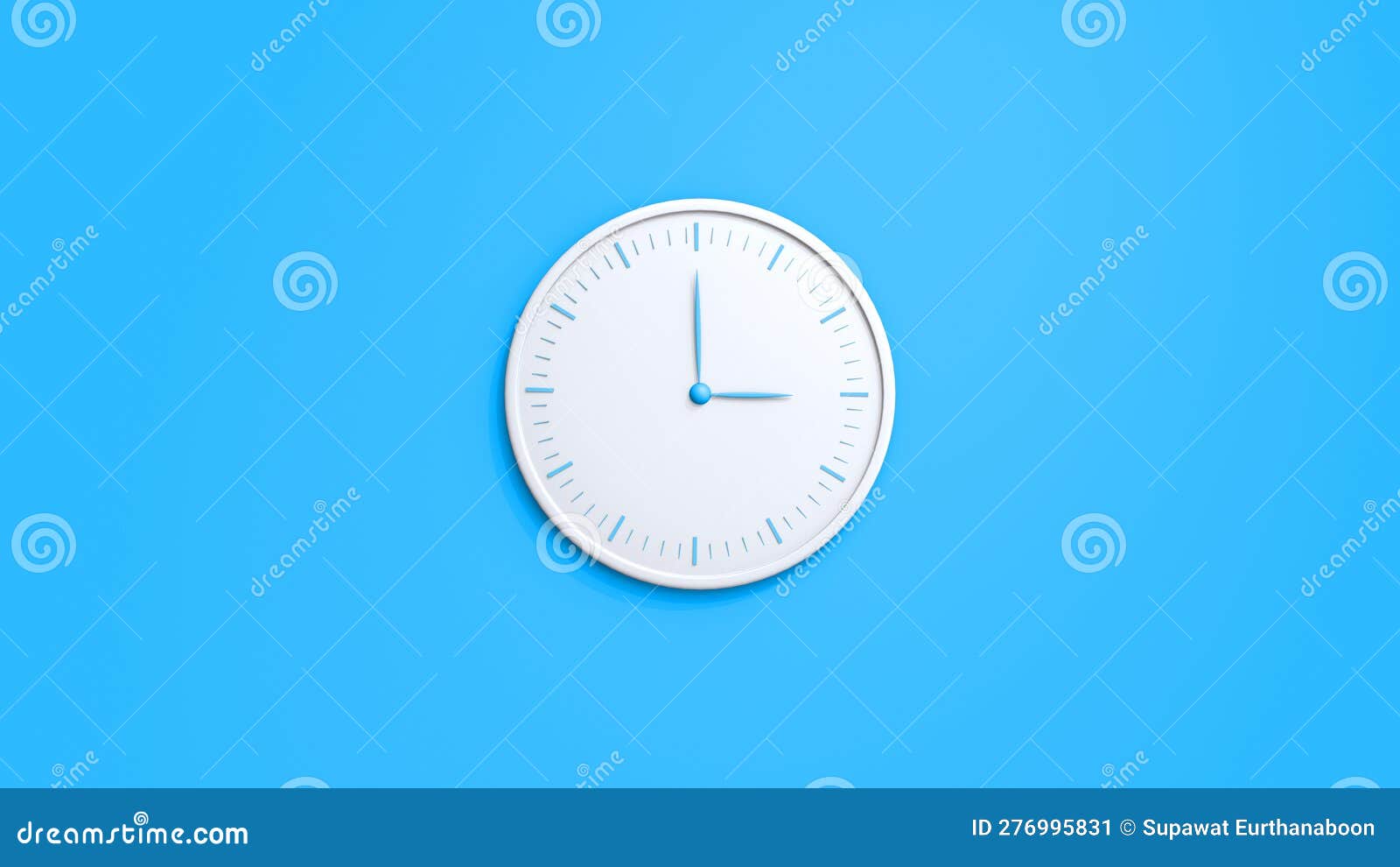 Clock on Wall. White Wall Clock Isolated on Blue Background. 3d Render