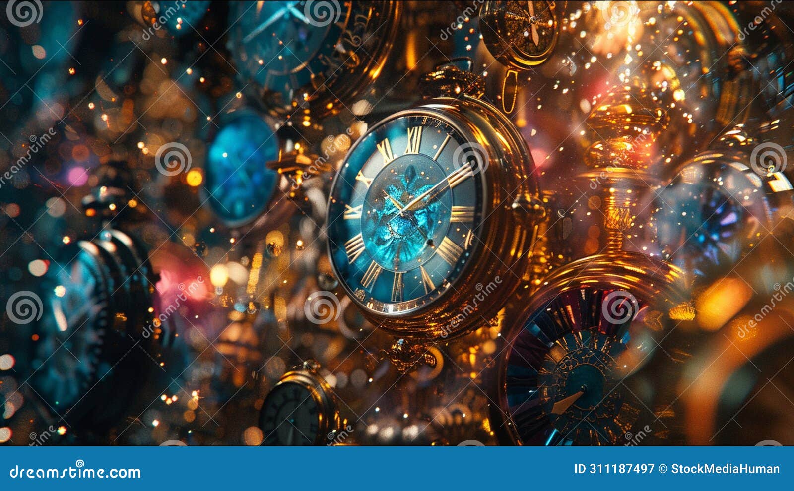 clocks river of time multiple clockfaces roman numerals