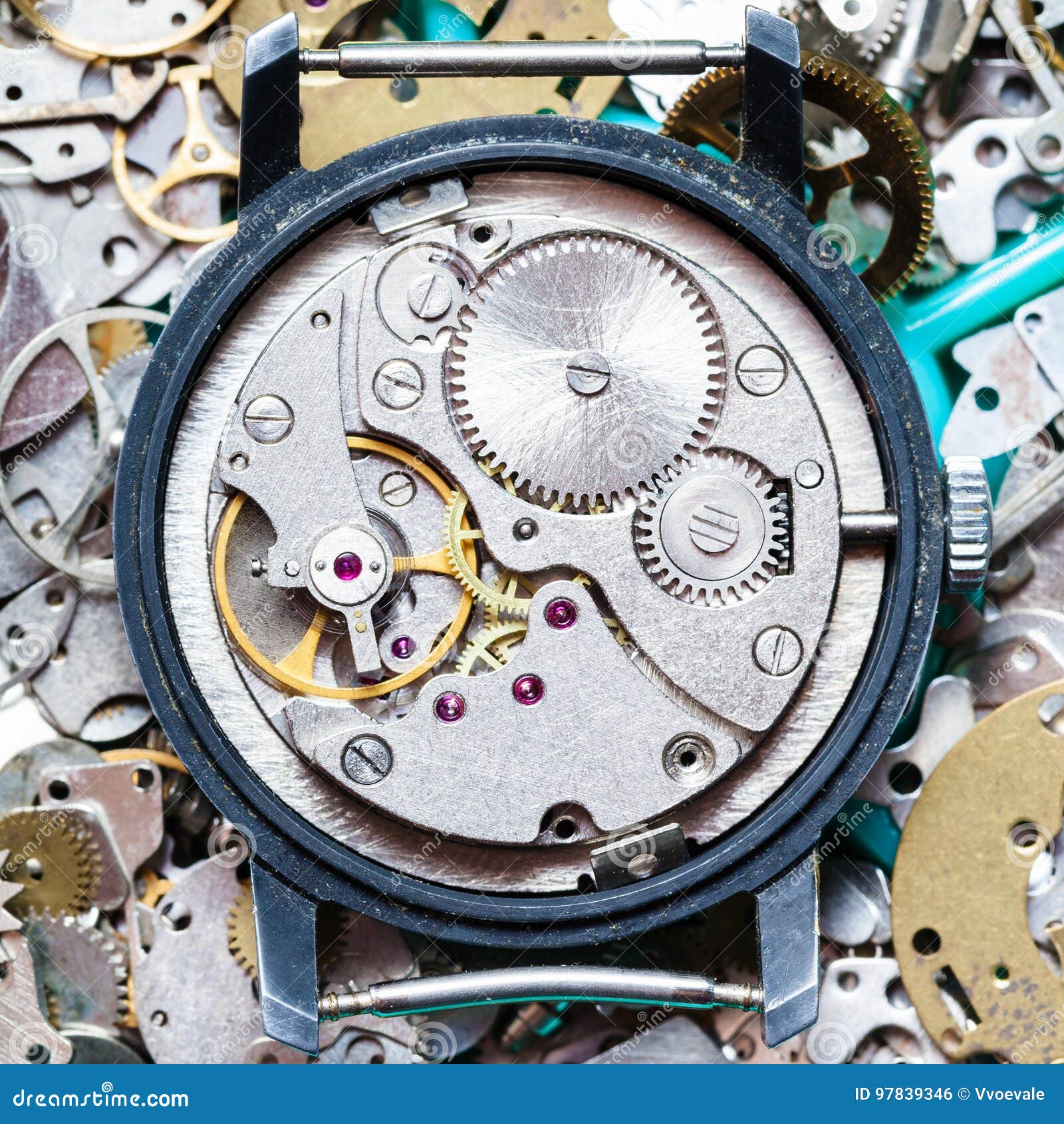 Clockwork on Heap of Clock Spare Parts Stock Photo Image of parts