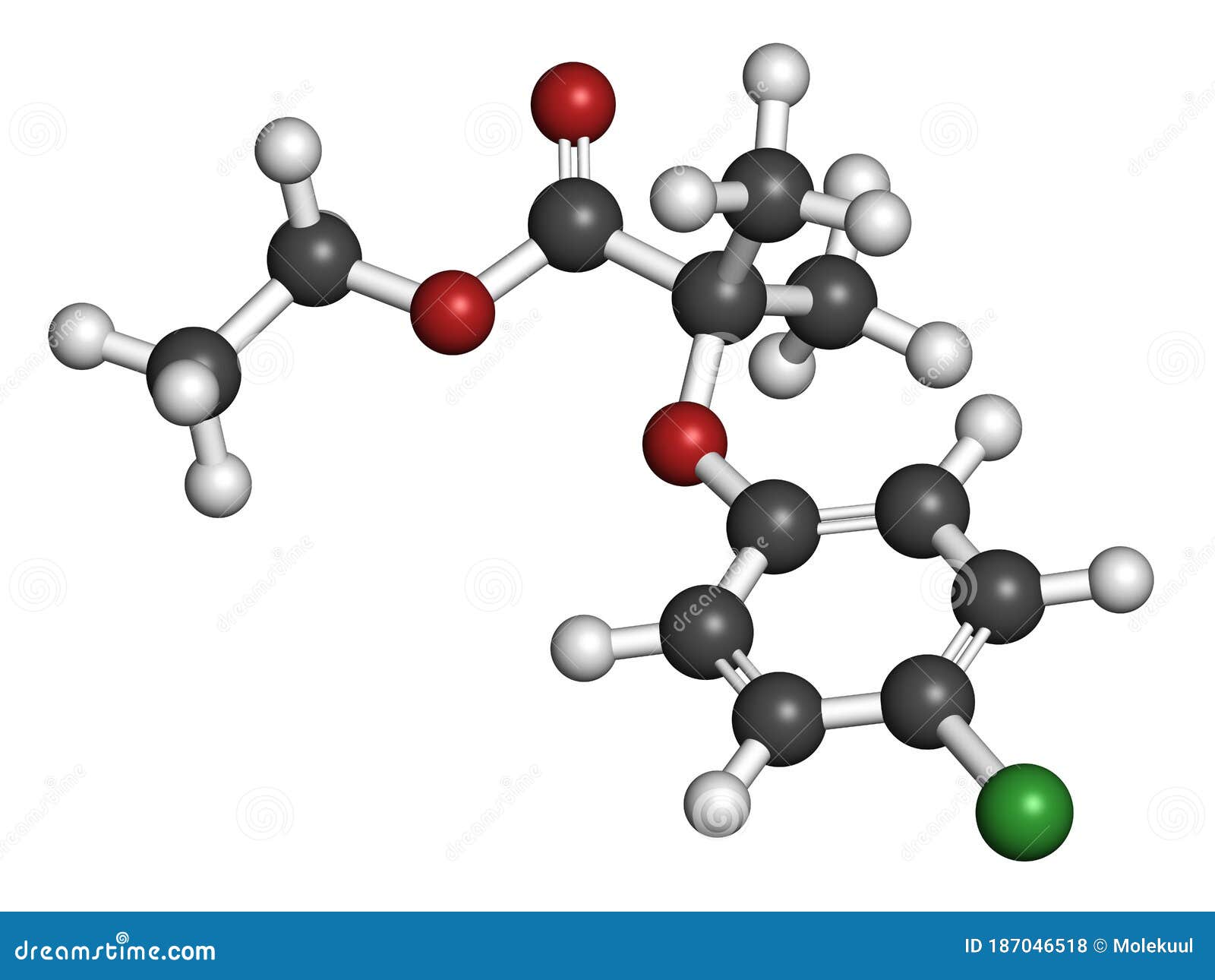 clofibrate hyperlipidemia drug molecule (fibrate class). 3d rendering. atoms are represented as spheres with conventional color