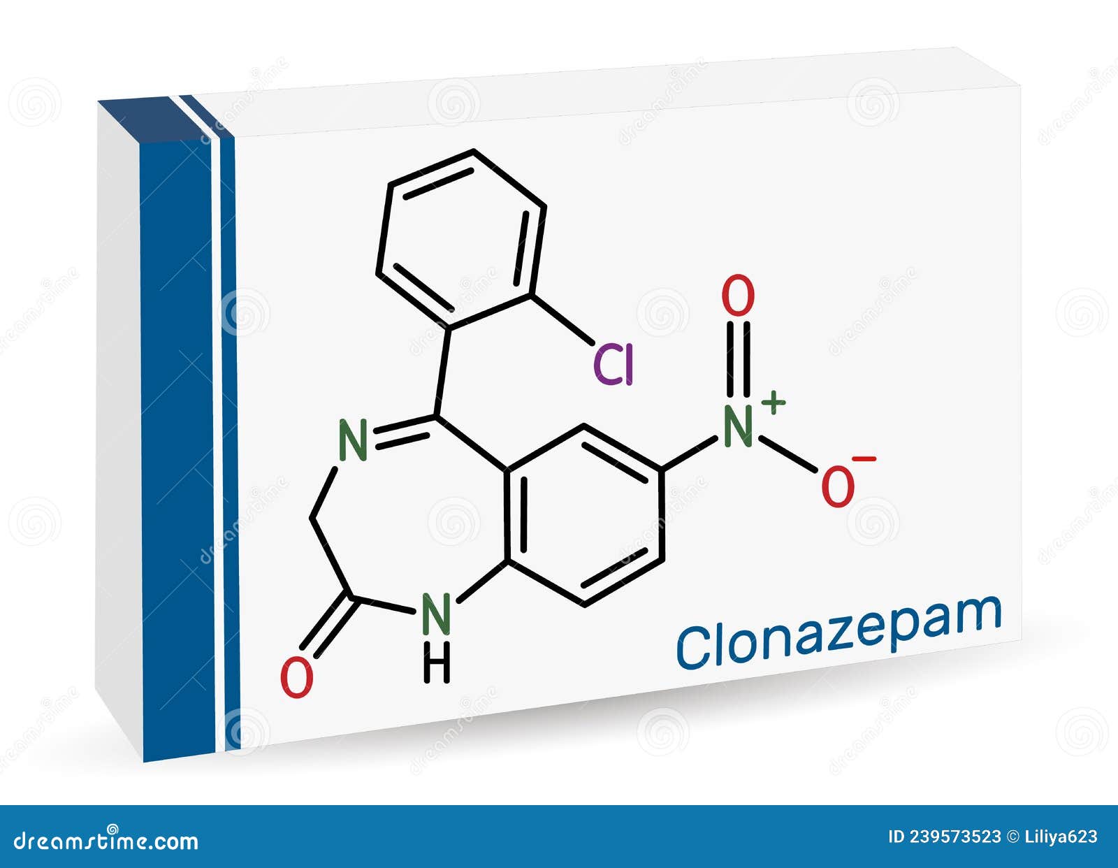 clonazepam molecule. it is benzodiazepine, anticonvulsant, used to treat panic disorders, severe anxiety, seizures. skeletal