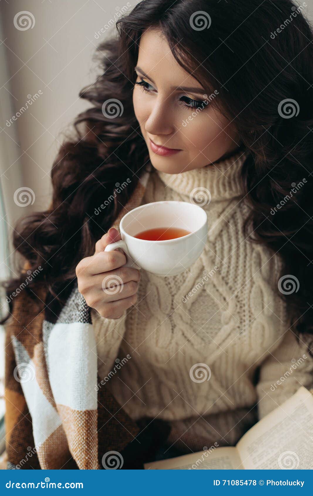 Close Large Portrait of a Brunette Drinking Tea from a White Mug ...