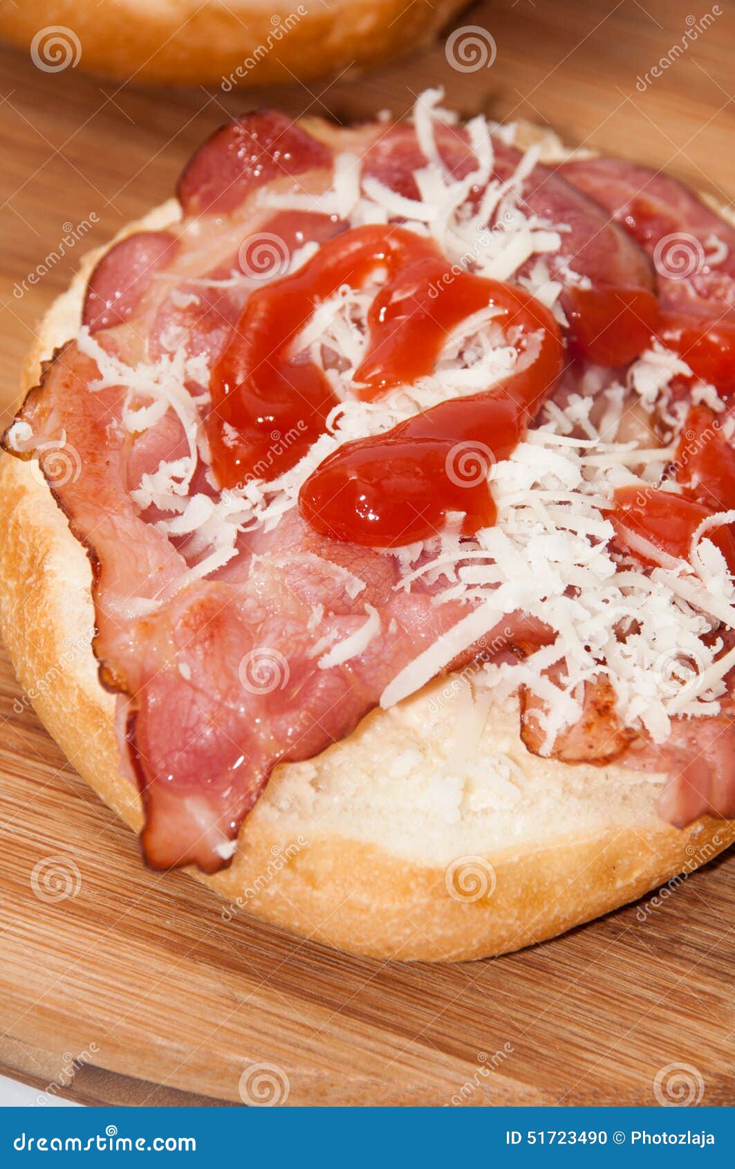 A Close Look at the Sandwich with Cheese, Ham and Ketchup Stock Photo
