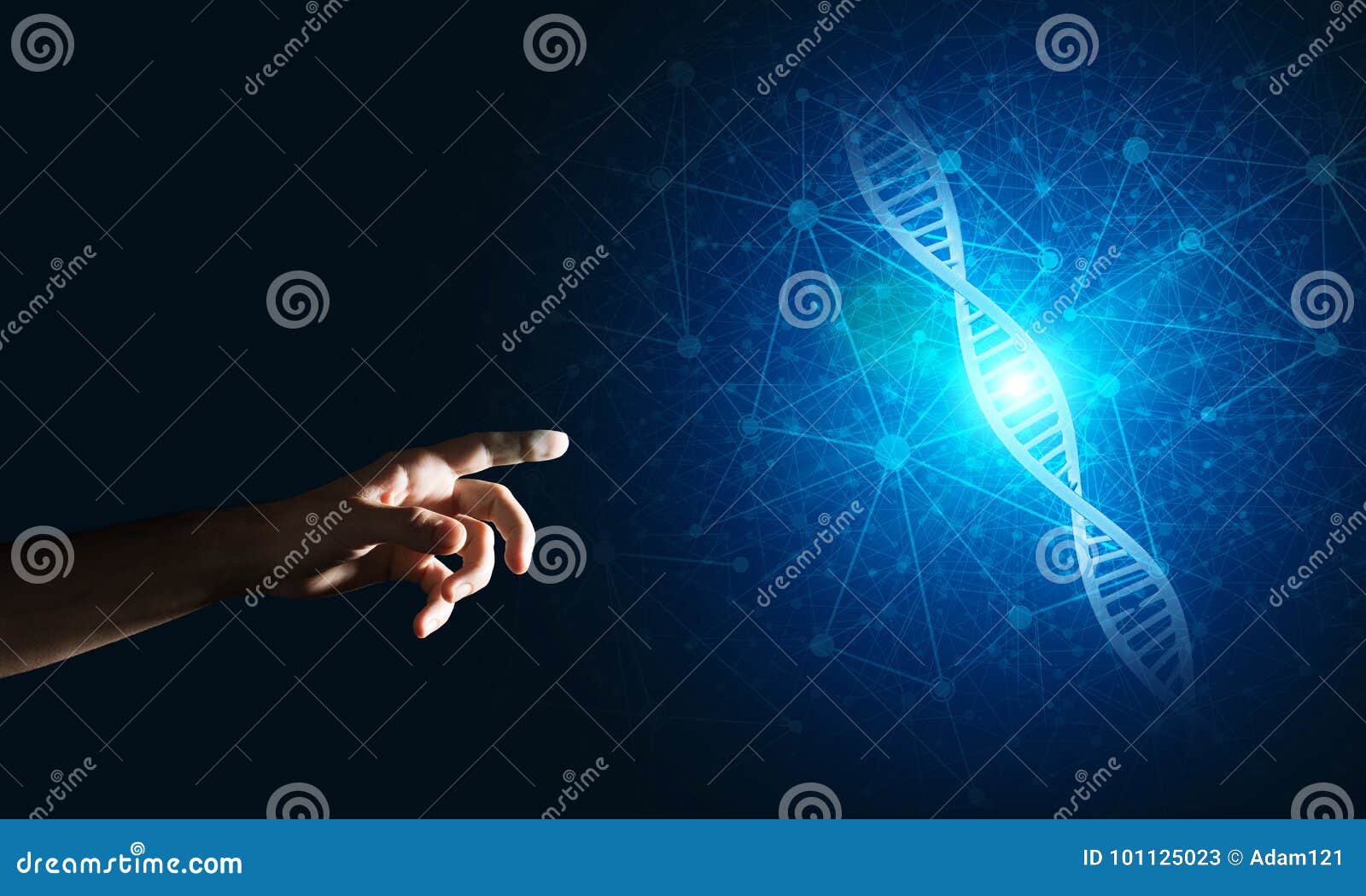 science medicine and technology  as dna molecule on dark background with connection lines
