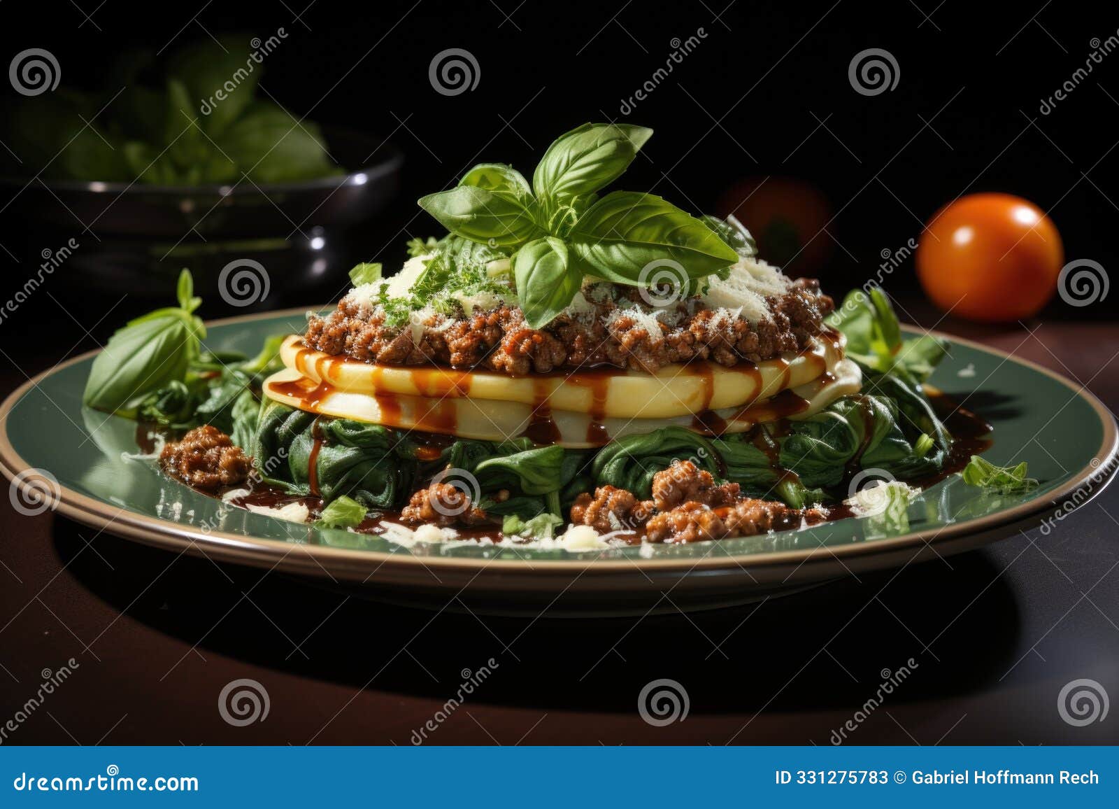 close of a plate of spinach stuffed with spinach and ricotta served with