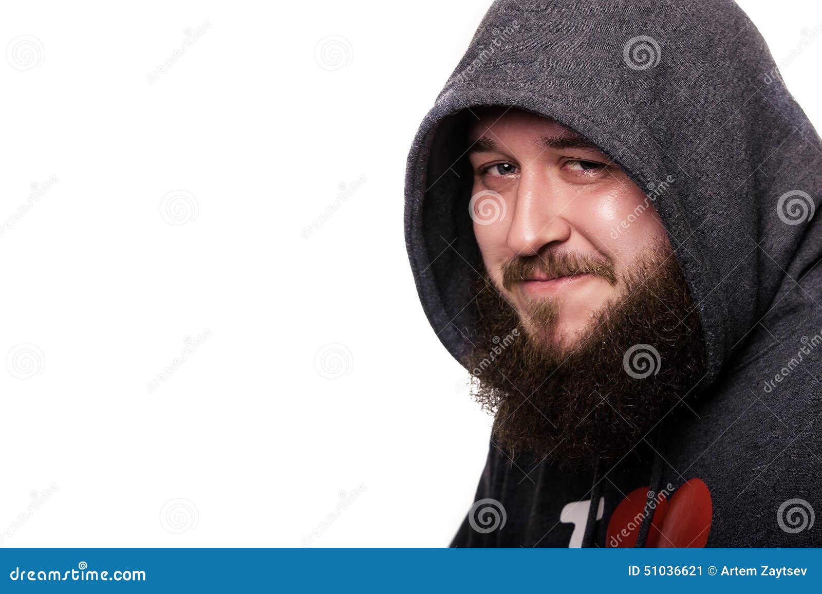 close portrait of a guy with a beard and mustache in kapyushone.emu very fun constrains smile.  on white background