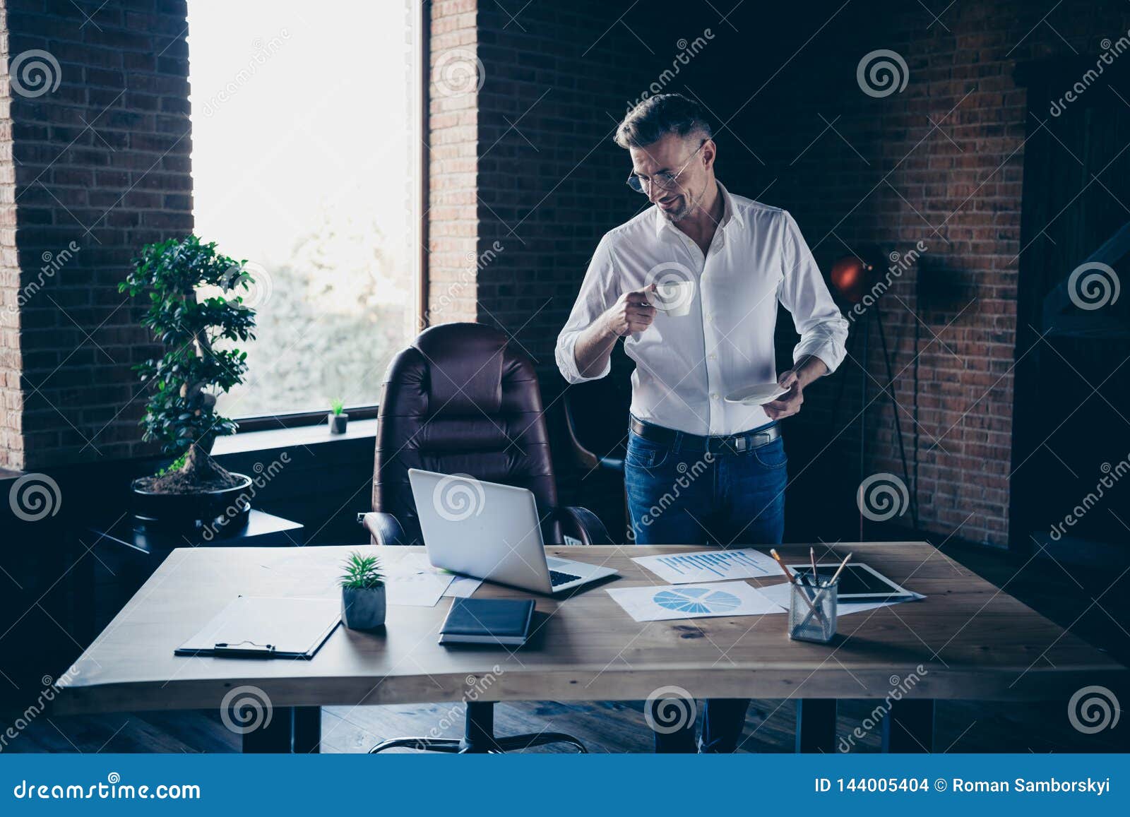 Close Side Profile Up Photo Handsome He Him His Macho Guy Attentive Look Watch Check Notebook Table Speak Tell Talk Stock Photo Image Of Confident Internet