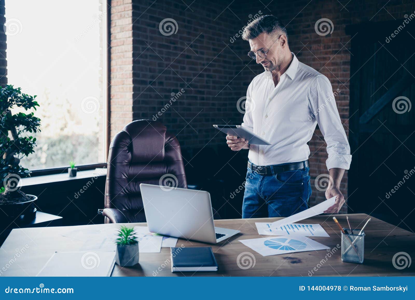 Close Side Profile Up Photo Handsome He Him His Macho Guy Ponder Pensive Attentive Look E Book E Reader Watch Webinar Stock Photo Image Of Analyzing Interested