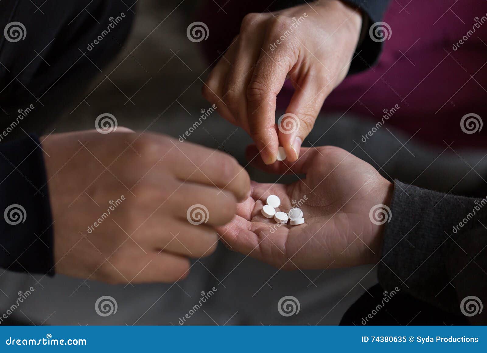 close up of addicts using drug pills