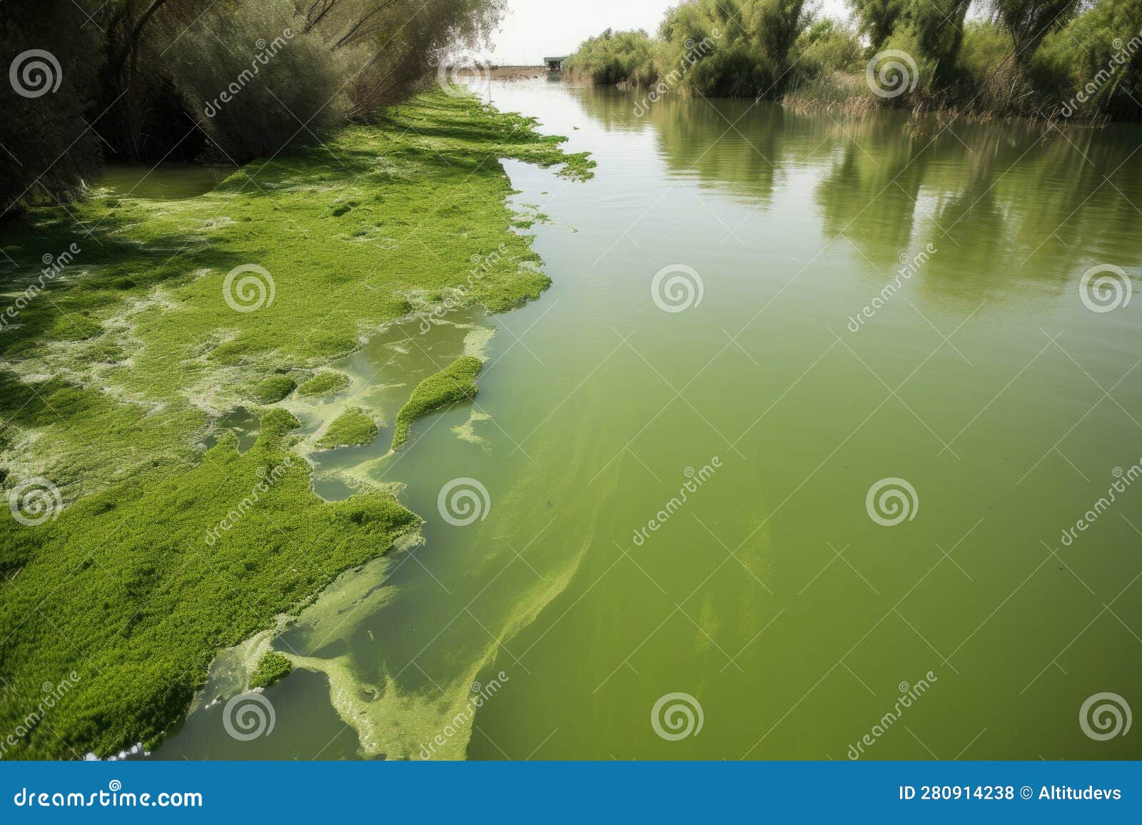 Closeup of Algae Bloom in Waterway Caused by Agricultural Runoff Stock
