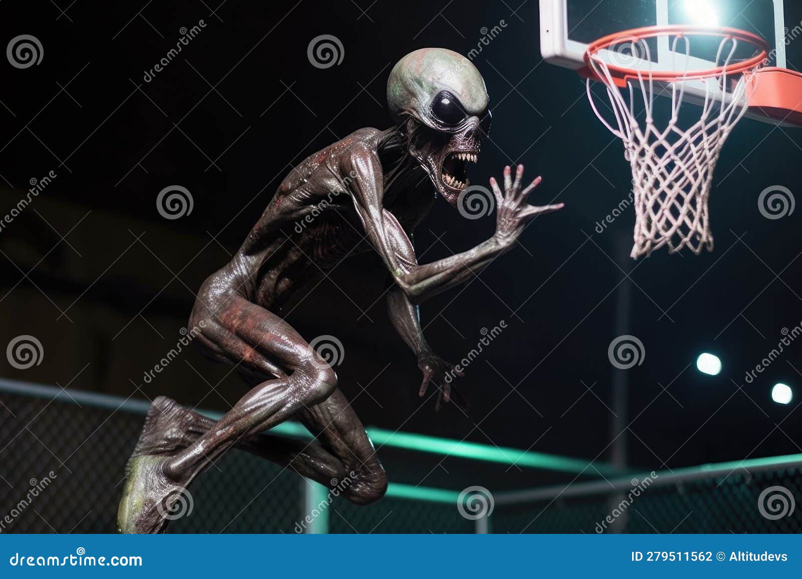 Close up Of Alien Athlete Performing Spectacular Dunk On Basketball close-up-of-alien-athlete-performing-spectacular-dunk-on-basketball