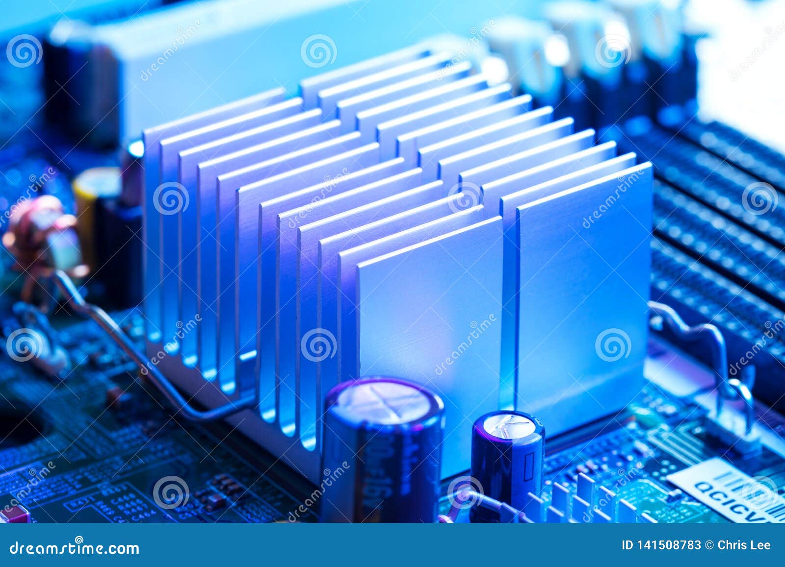 Close Up Aluminum Heatsink On A Computer Motherboard Stock