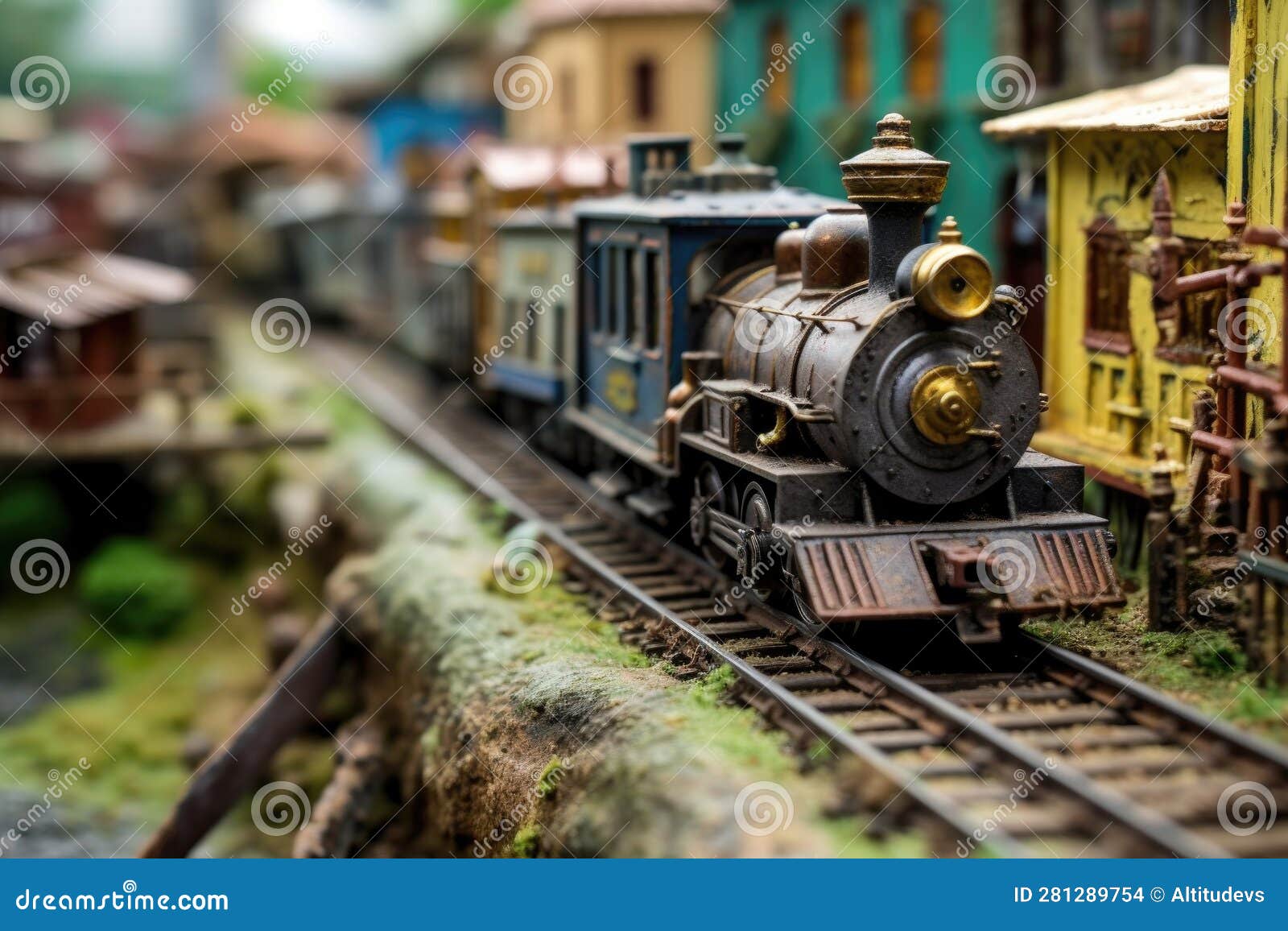 Closeup of Antique Toy Train Set on Tracks Stock Illustration