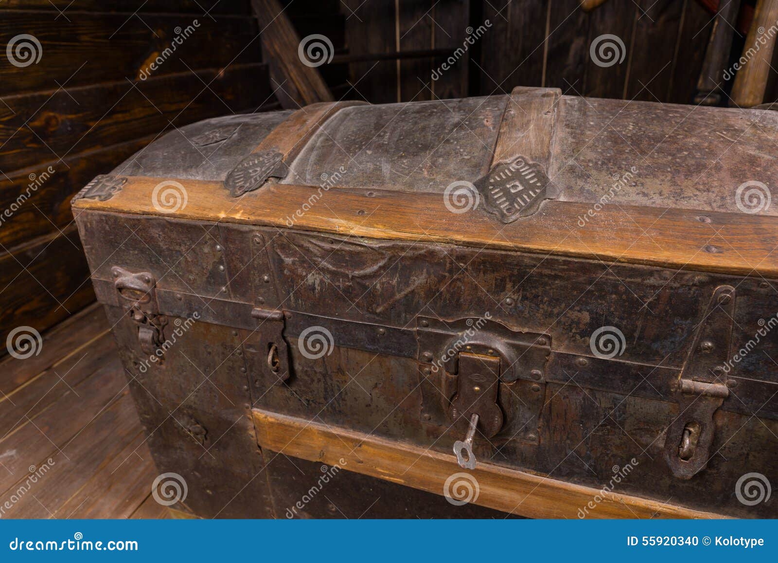 Close Up of Antique Treasure Chest on Deck of Ship Stock Photo Image