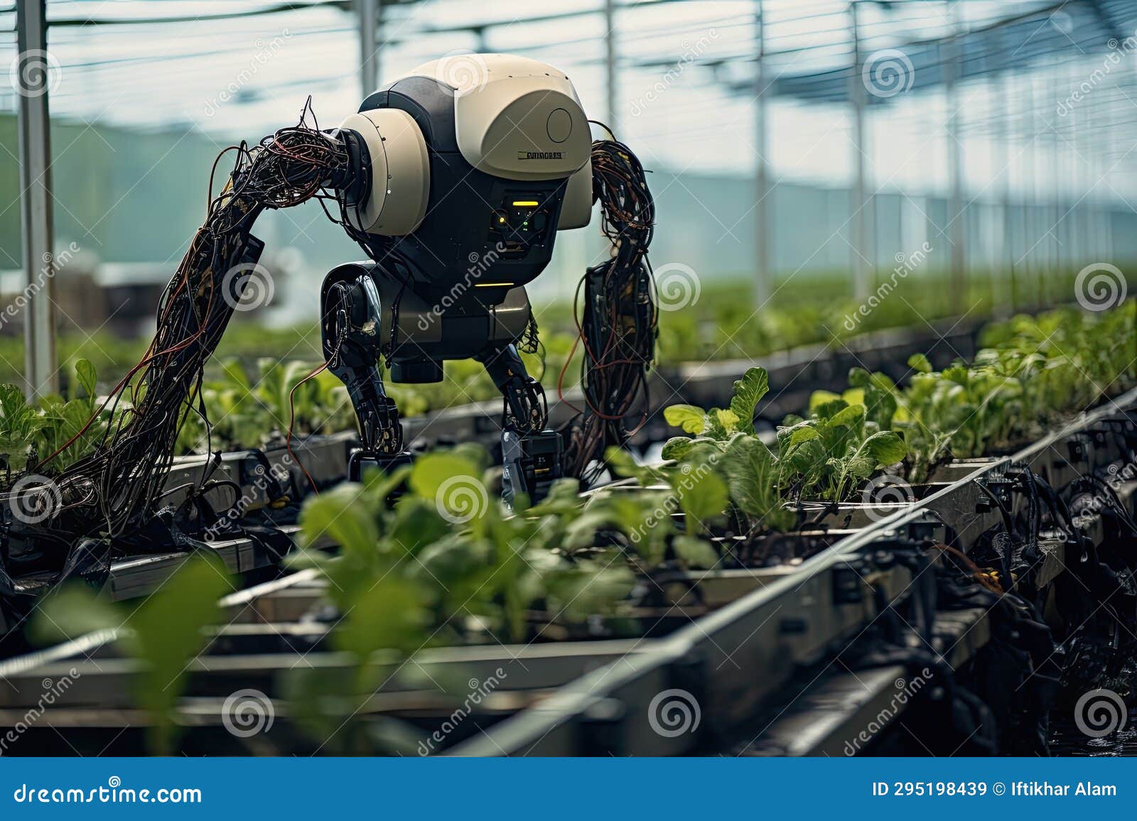 close-up of artificial intelligence robot working in greenhouse. technology concept, robots farming fuman, ai generated
