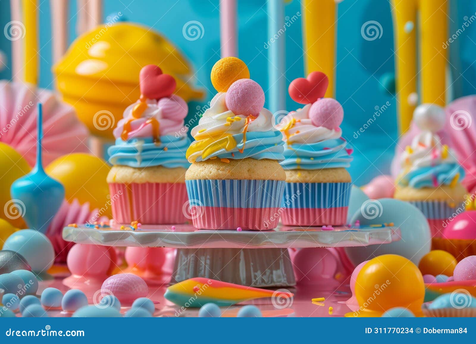 colorful hand-painted cupcakes with festive decorations on a vibrant background