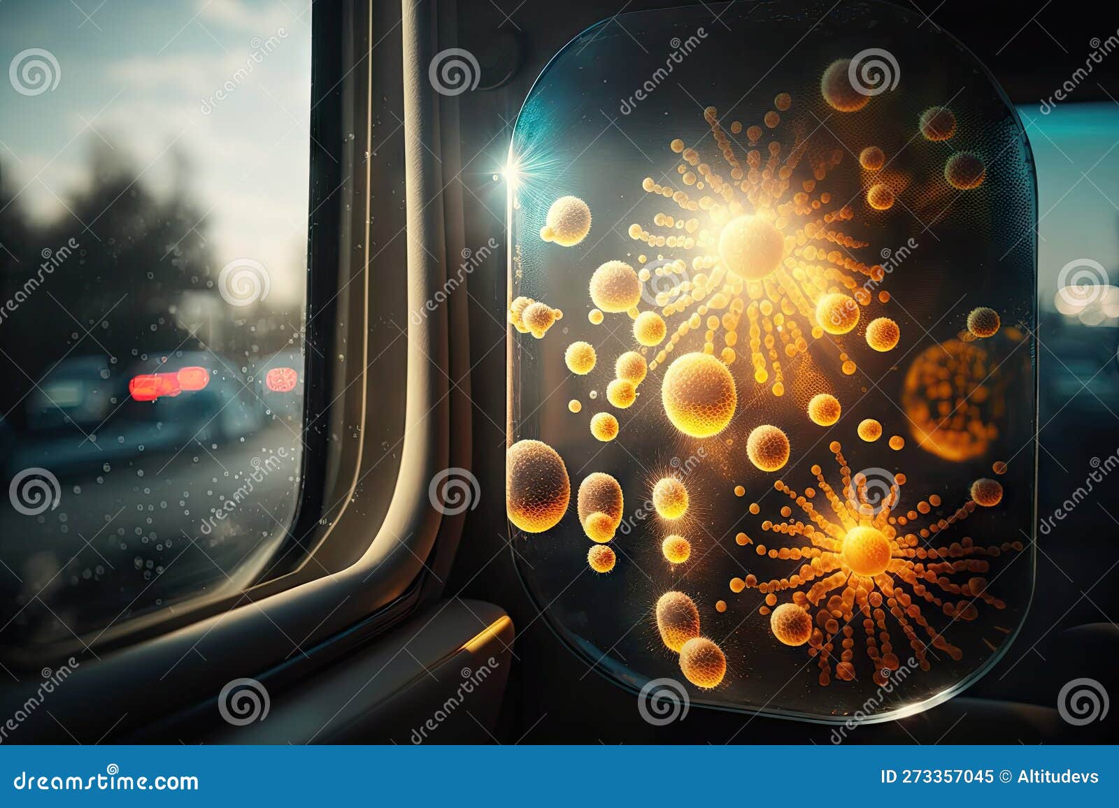 Closeup of Bacteria on Bus Window, with Sunlight Shining through Stock