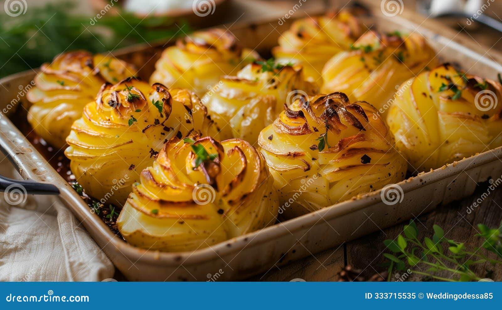 close-up of baked duchesse potatoes in a baking tray on the table. mashed potatoes with egg yolk and butter, which are