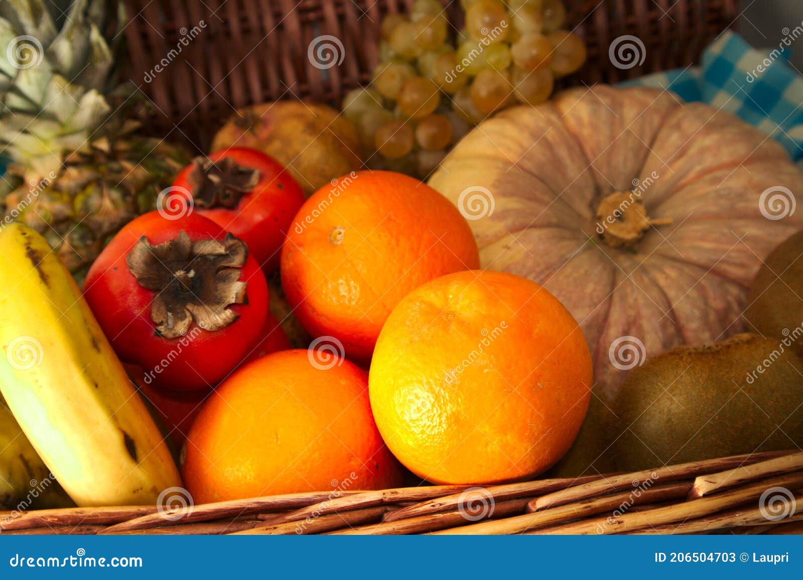 close-up of a basket with autumn and winter fruit