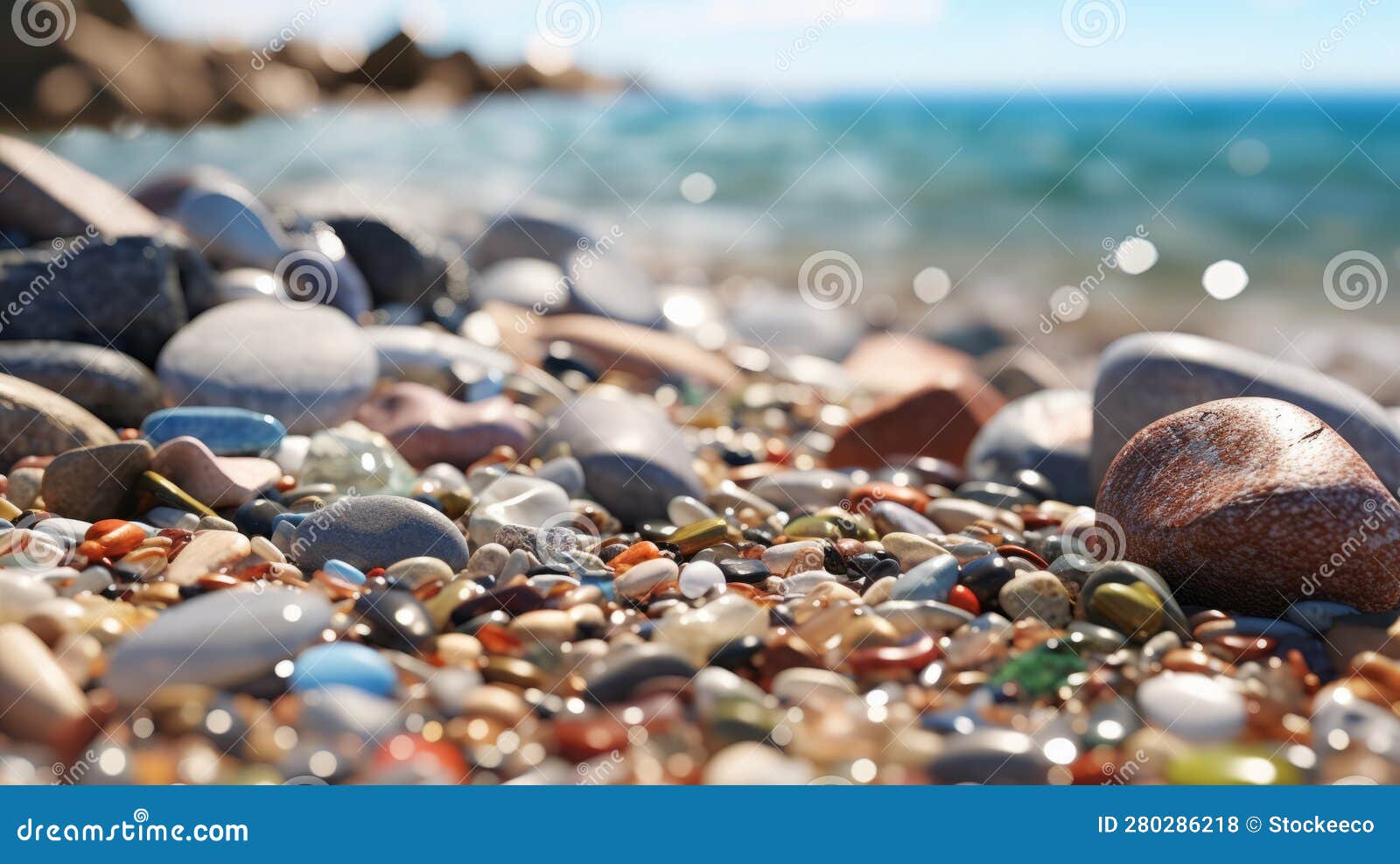 close-up beach rocks in bokeh style: emerald and crimson colors in 8k resolution