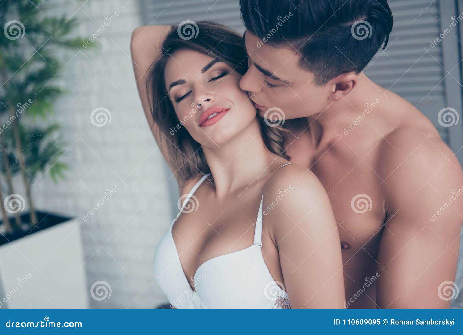 Close Up of Beautiful Half Naked Couple is Embracing in the Bed Stock Image  photo pic