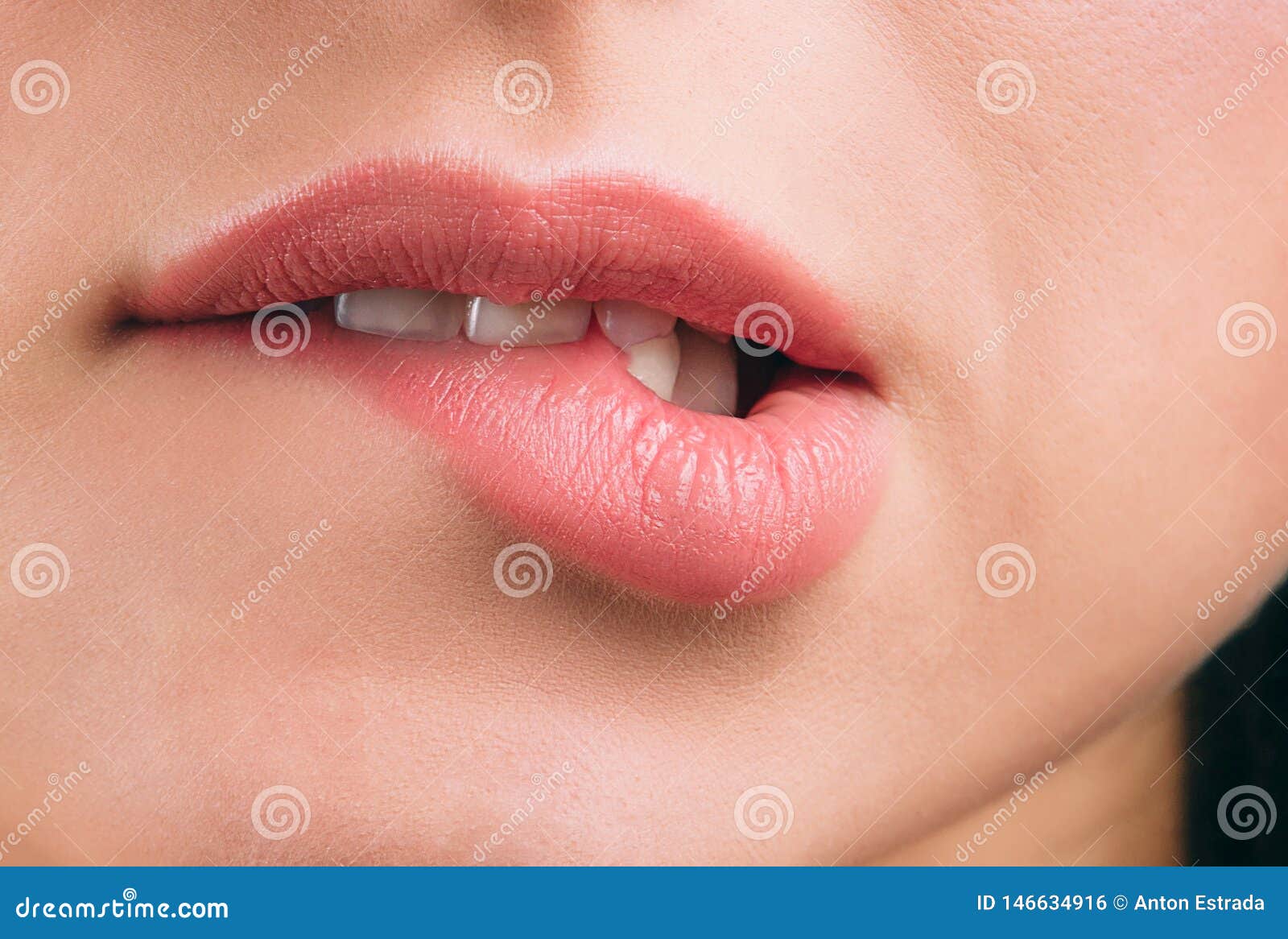 close up of beautiful women`s lips covered with lipstick. bite lower lip. white teeth. sexy move. cut view.