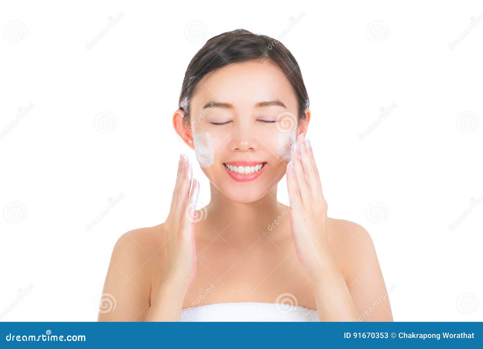 close up of beautiful young woman with cleansing foam for skin c