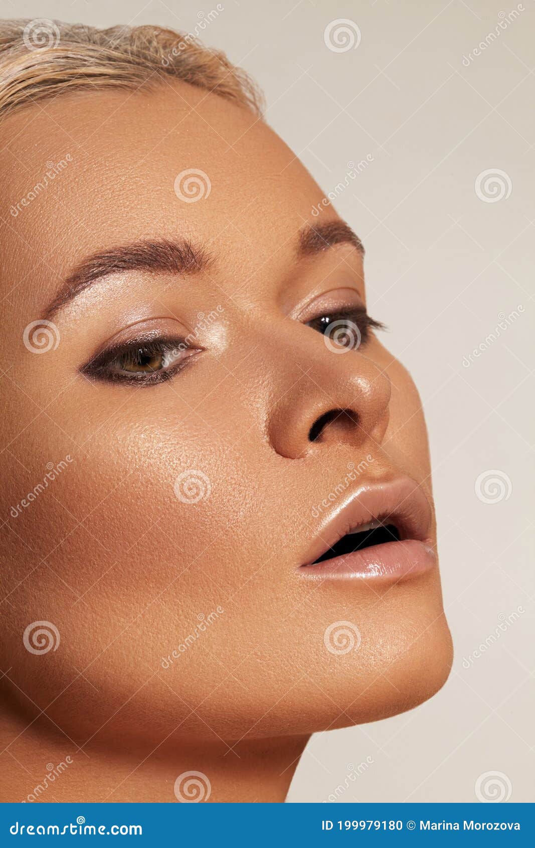 Close Up Beautiful Young Woman With Smooth Tanned Skin Beauty Model With Natural Bronze Make Up 