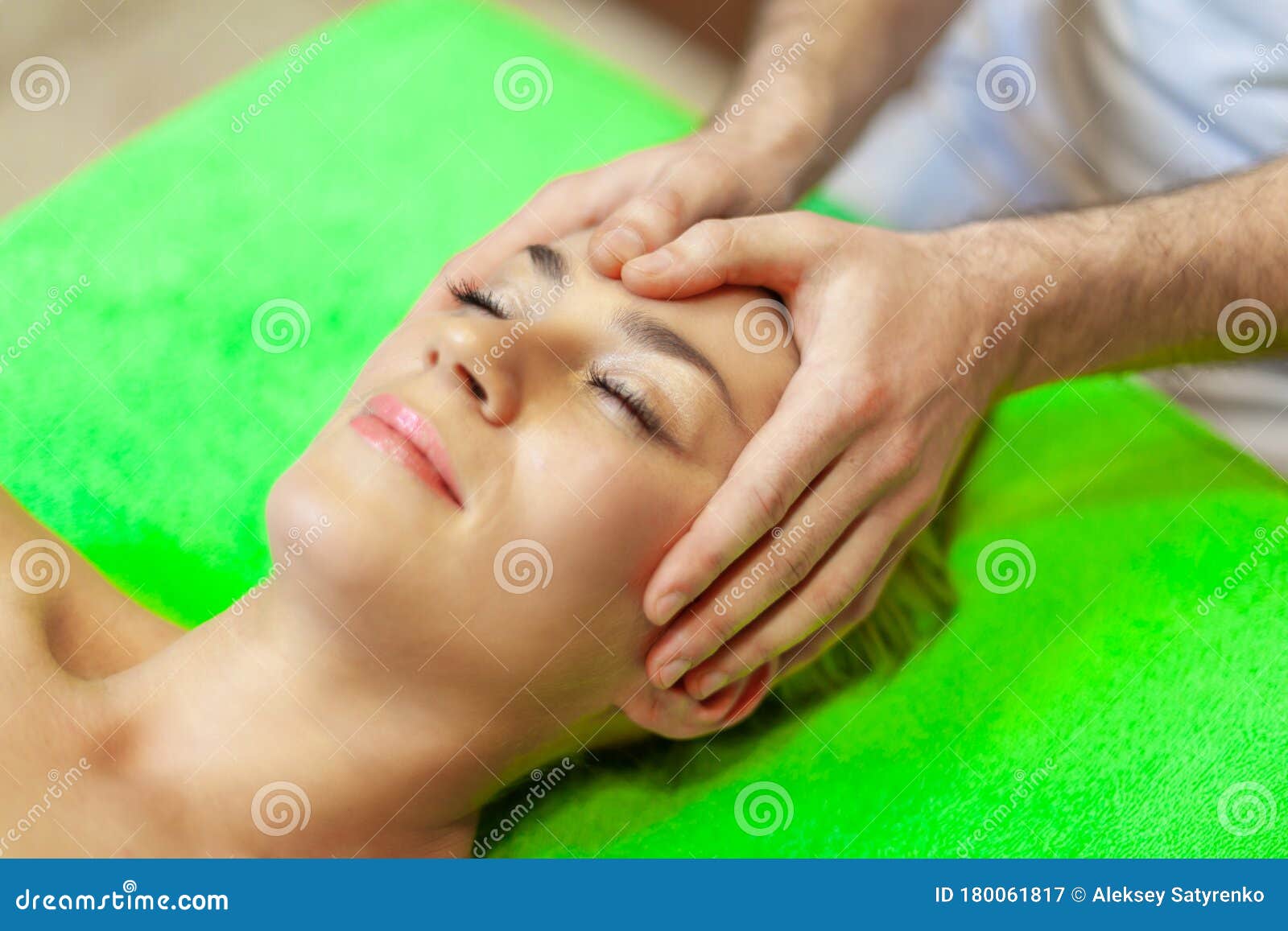 Close Up Of Beautiful Young Woman Relaxing With Face Massage At Beauty Spa Stock Image Image