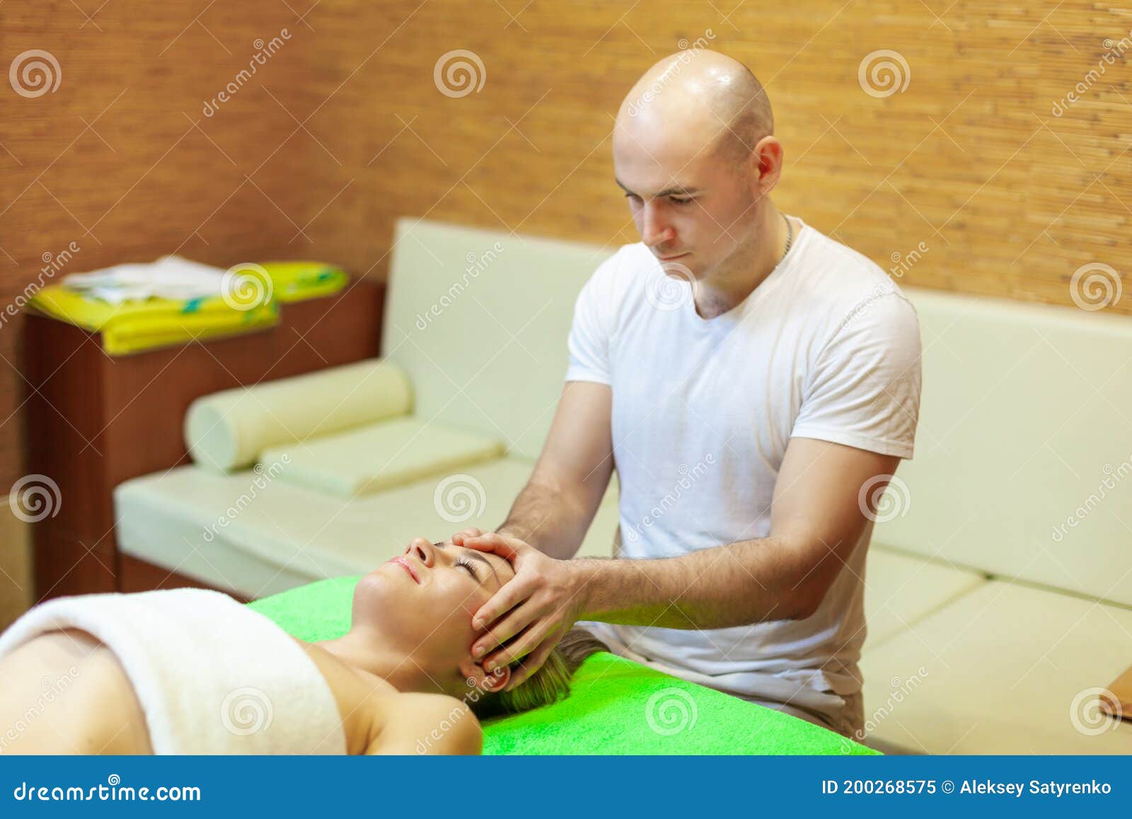 Close Up Of Beautiful Young Woman Relaxing With Face Massage At Beauty Spa Stock Image Image