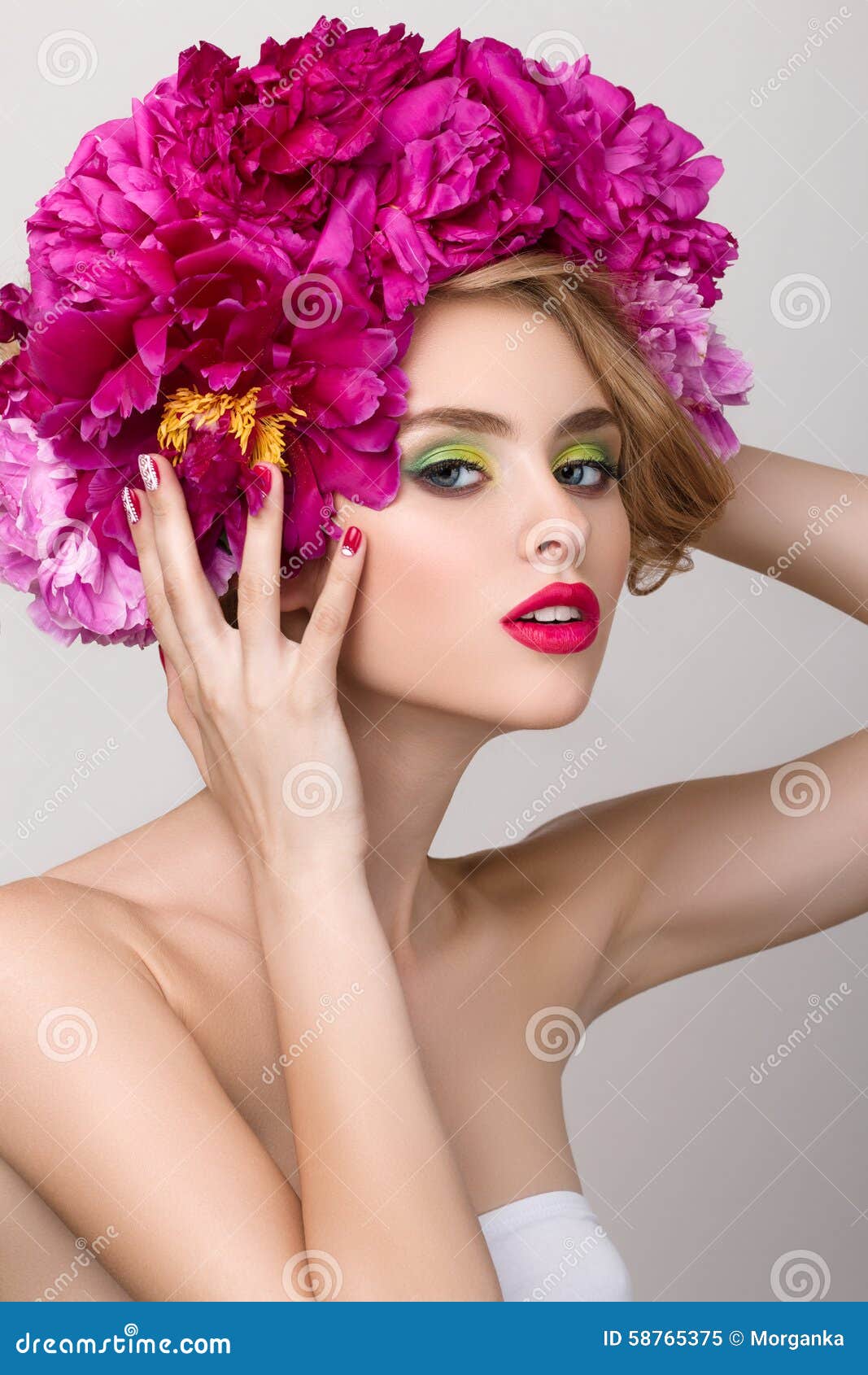 Close-up Beauty Portrait of Young Pretty Girl with Flowers in he Stock ...