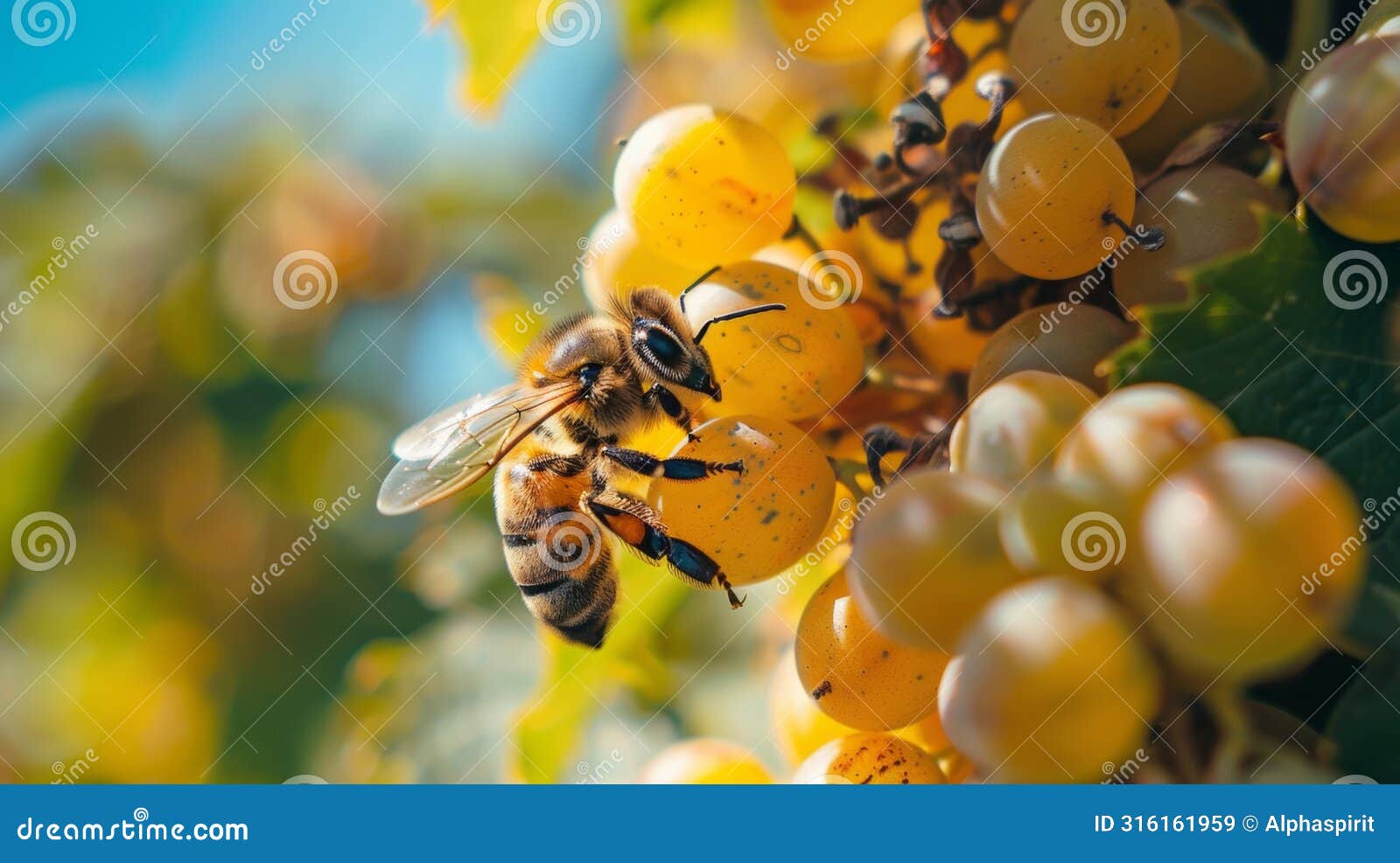 close-up of a bee on fruit berries, izing the impact of pesticides on nature