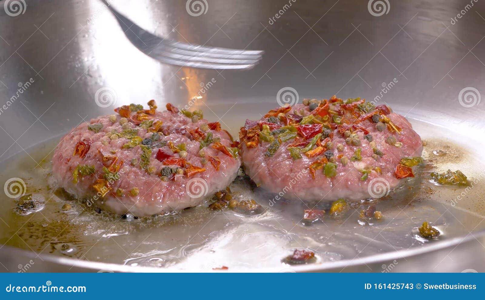 Closeup of Beef Cutlets, for Burger, Fried in a Pan, Cooking Process