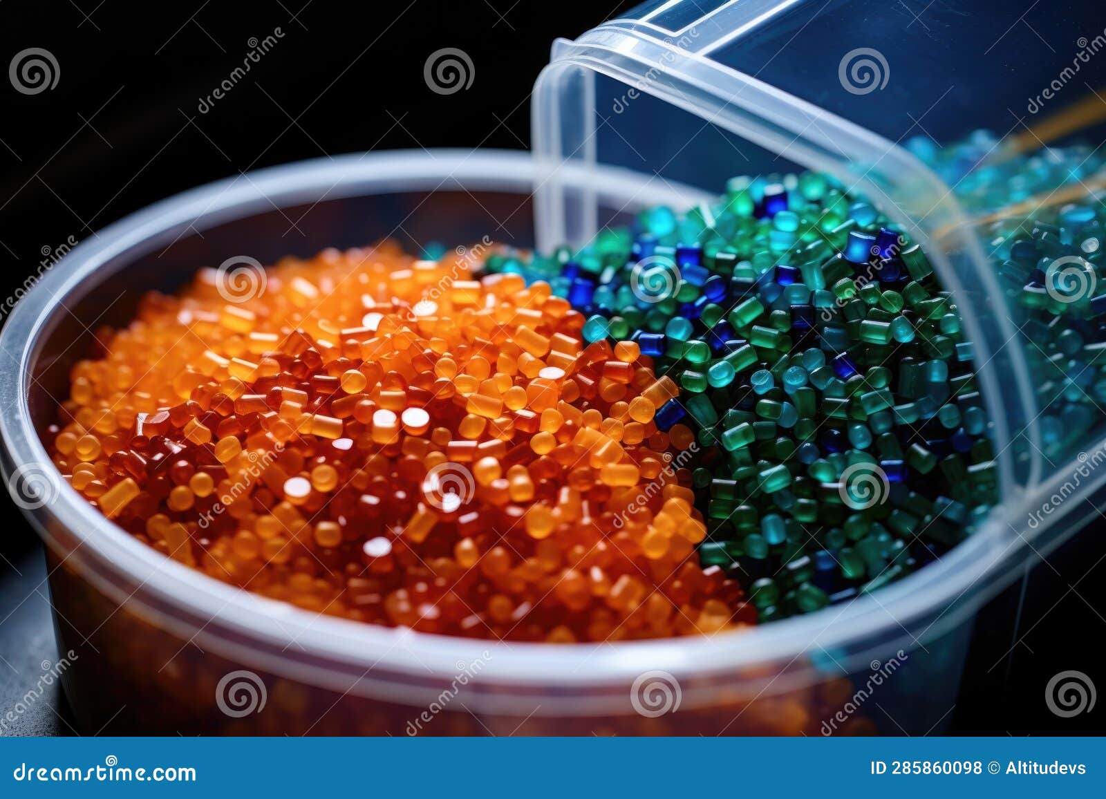Closeup of Biodegradable Plastic Pellets in a Container Stock Photo