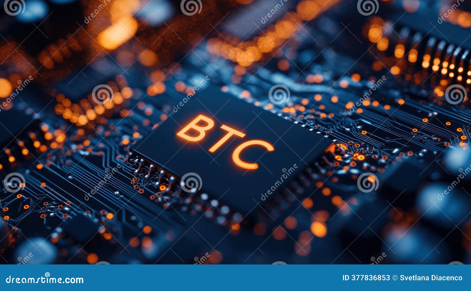 Close-up of Bitcoin Chip on Circuit Board Illuminated with Warm Orange Light,  Symbolizing Digital Cryptocurrency Stock Image - Image of technology, warm:  377836853