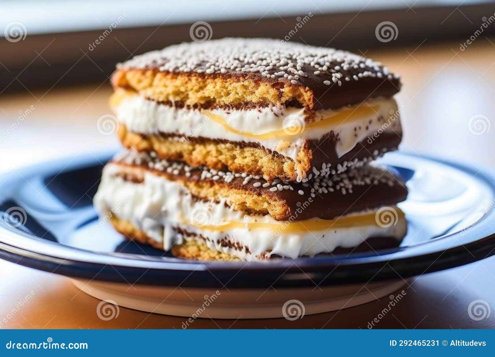 Closeup of a Bitten Vanilla Ice Cream Sandwich on a Ceramic Plate