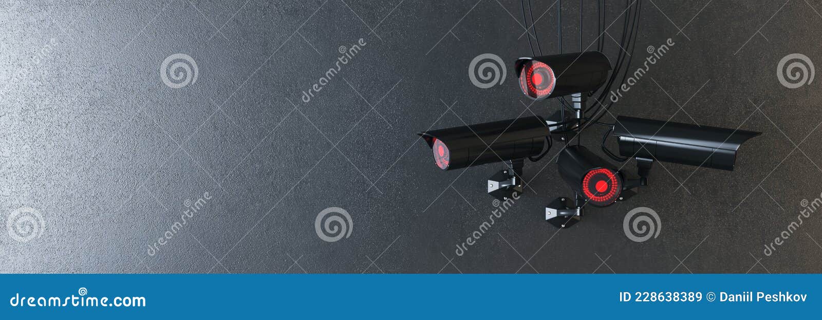 Close Up of Black CCTV Camera on Concrete Wall Background with Mock Up