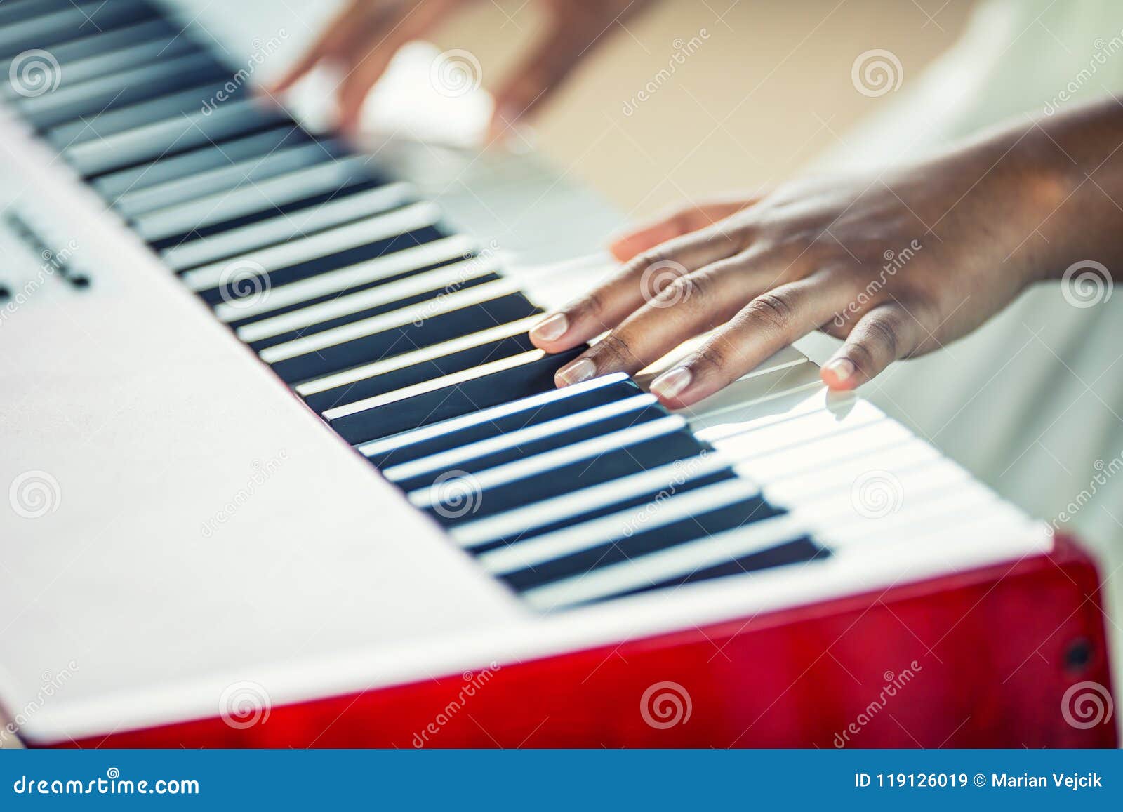 Close-Up a Black Woman Hands Playing on Piano Stock Image - Image of