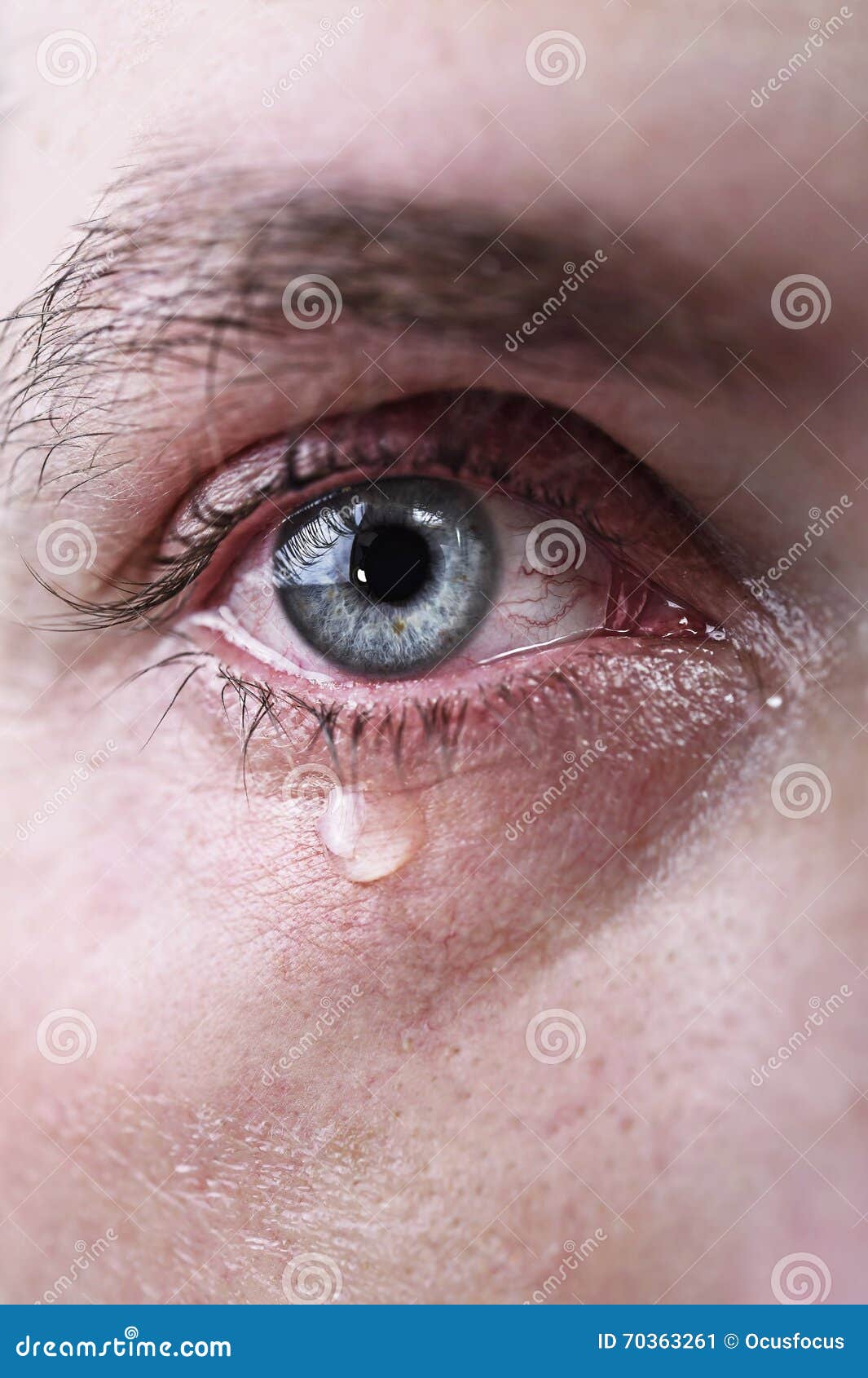 close up of blue eye of man crying in tears sad and full of pain in depression