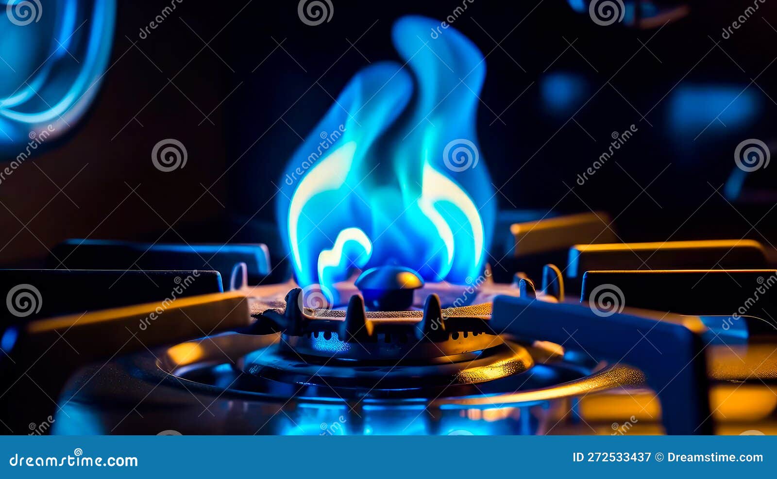 Close Up of Blue Flame on Gas Stove. Generative AI Stock Illustration