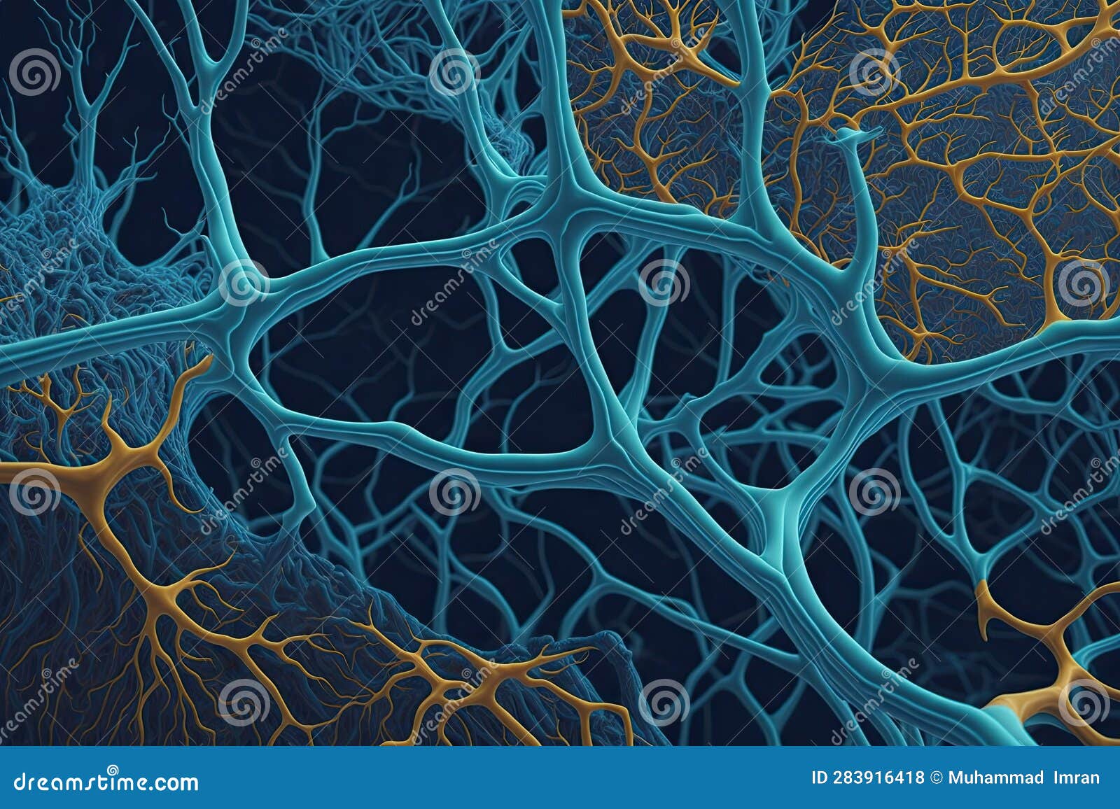 close up blue and golden color view of brain cells