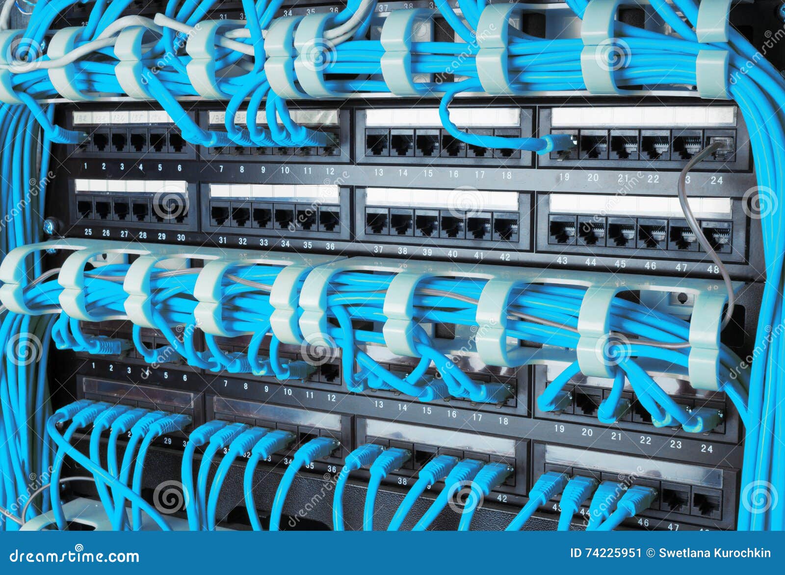 Close Up of Blue Network Cables Connected To Router Stock