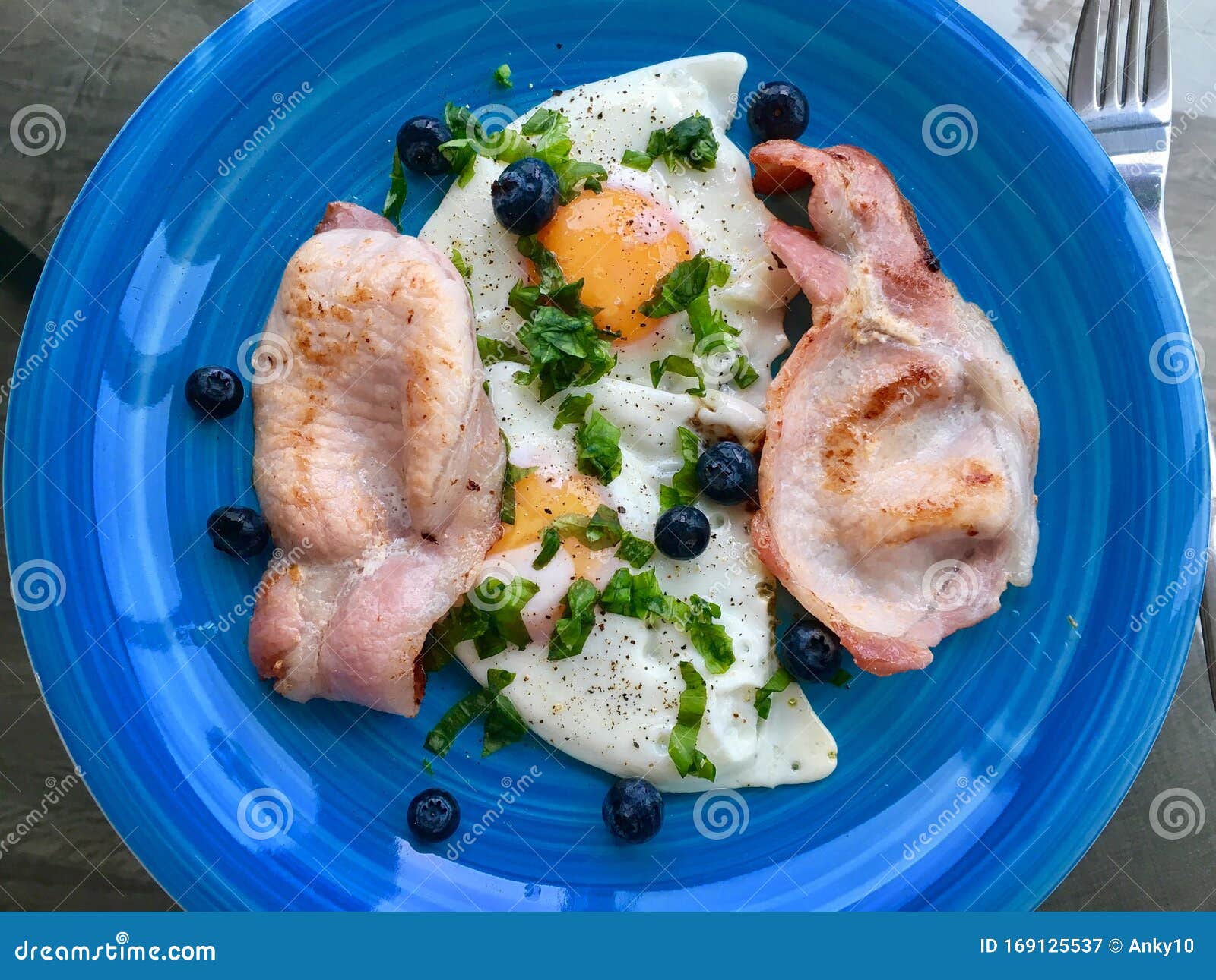 Fried Ham and Eggs with Blackberries Garnish Stock Image Image of