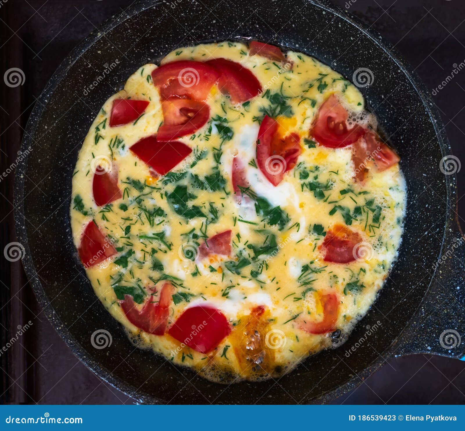 Closeup Breakfast with Fried Eggs and Tomatoes Stock Image Image of